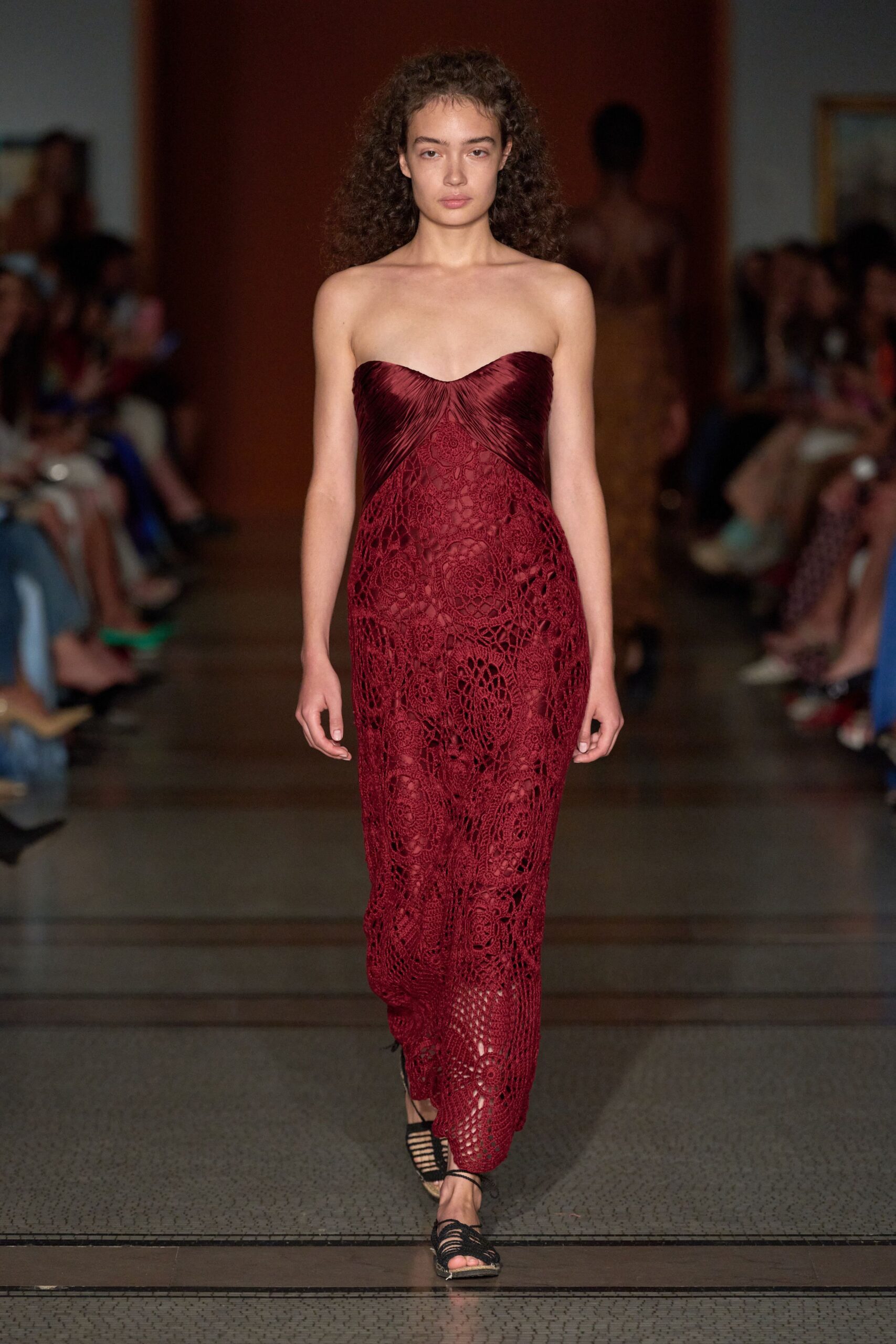 red lace strapless gown