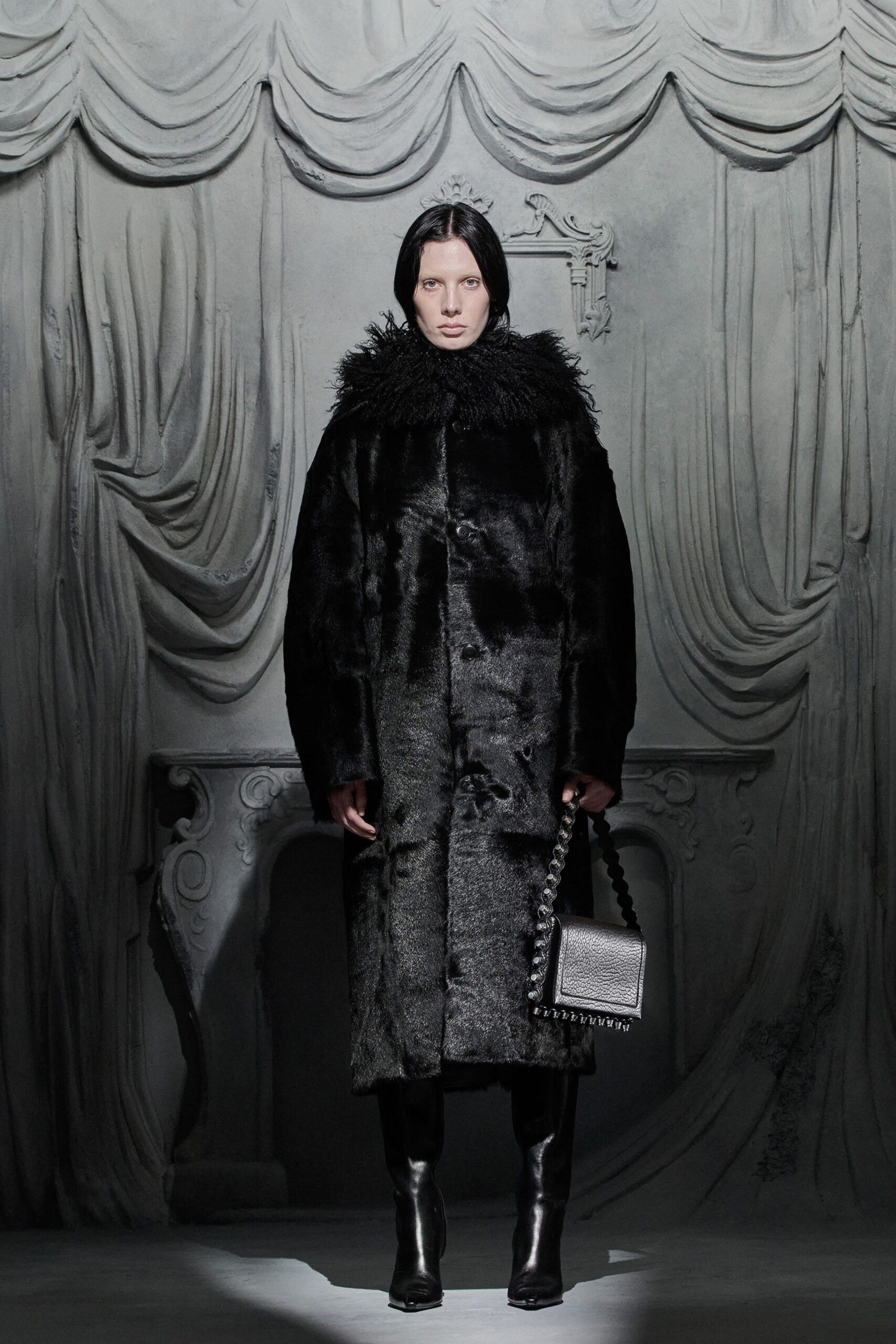 black fur coat with leather pants