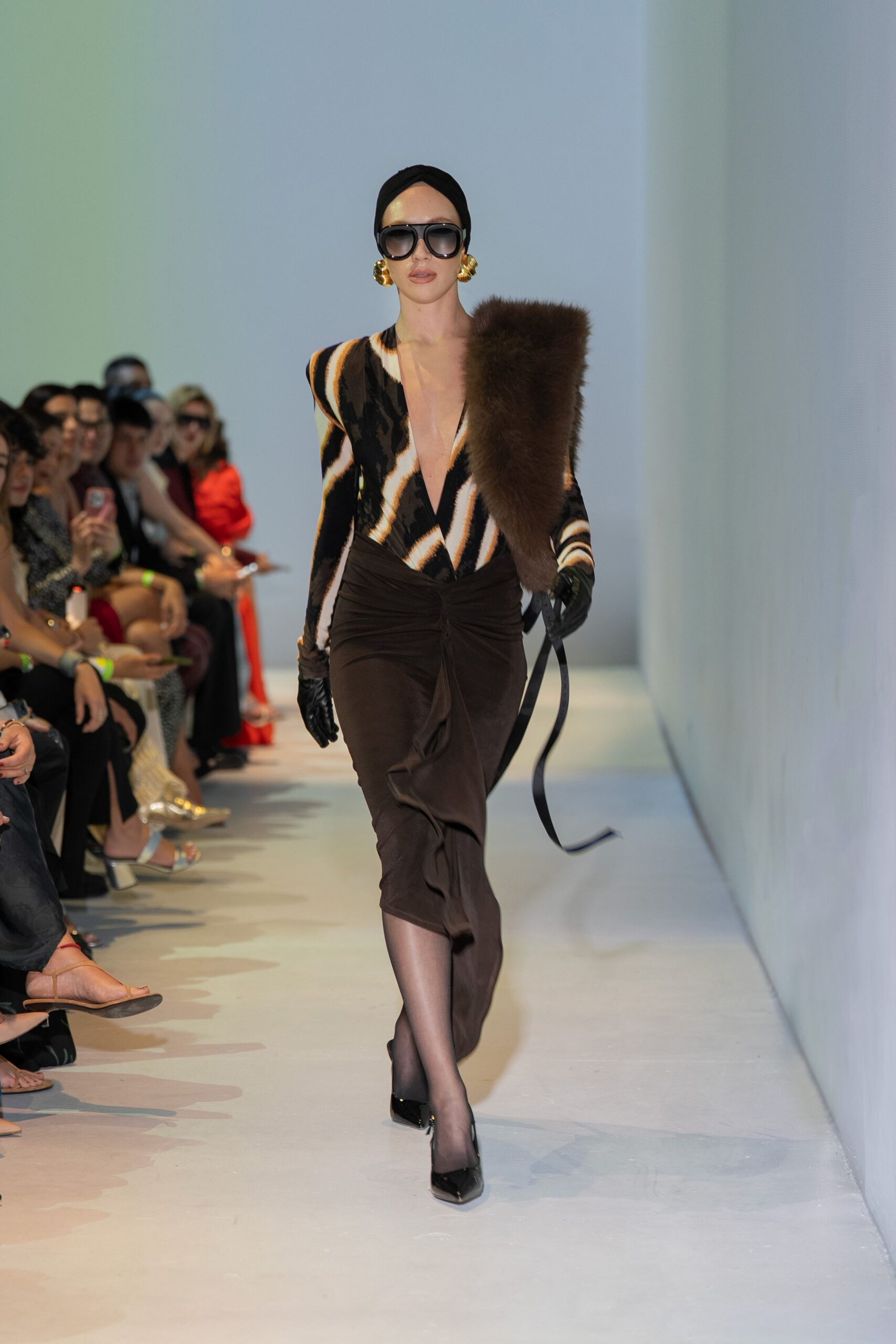 brown silk long-sleeve v-neck fitted ruched midi dress