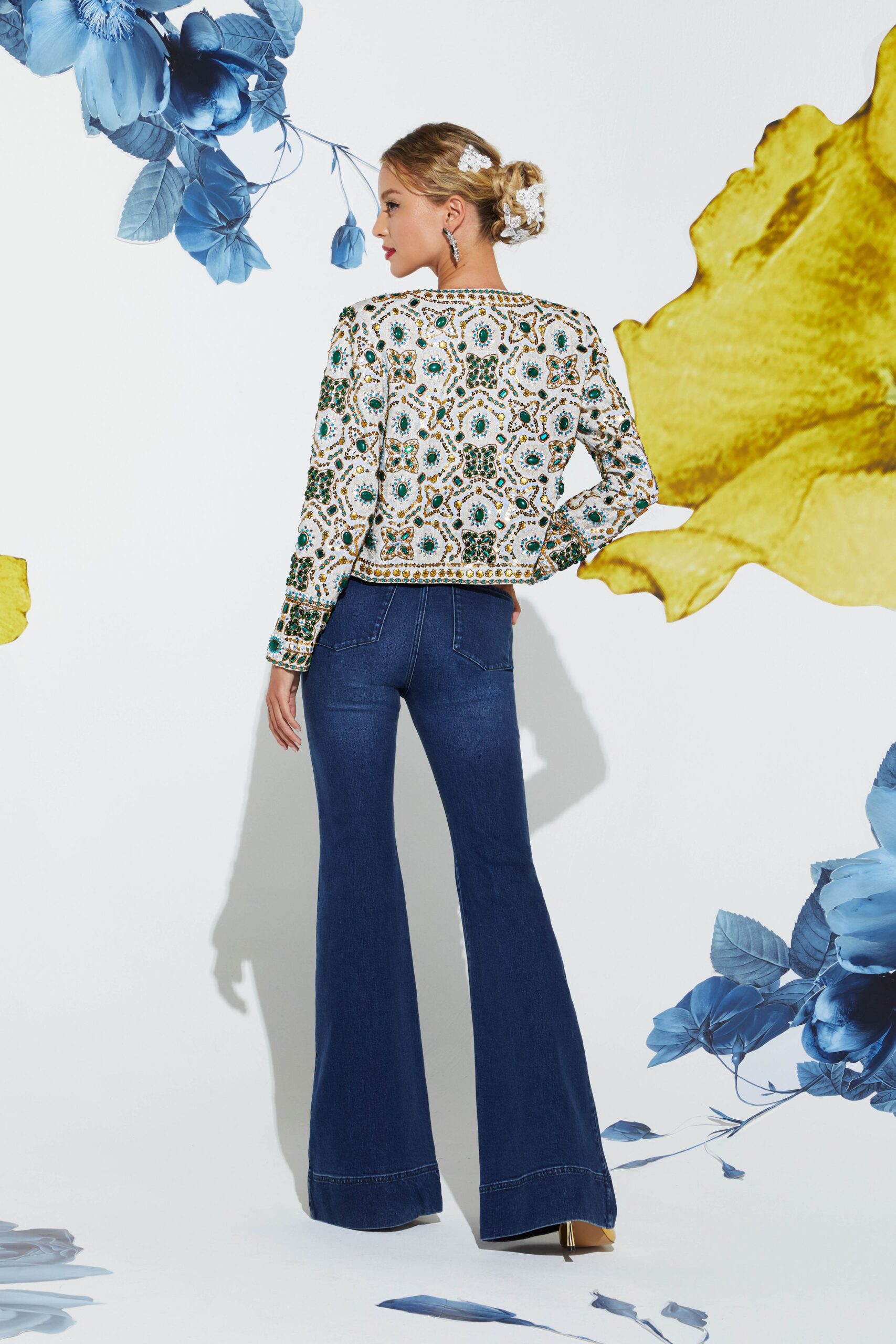 embroidered fitted top with flared pants