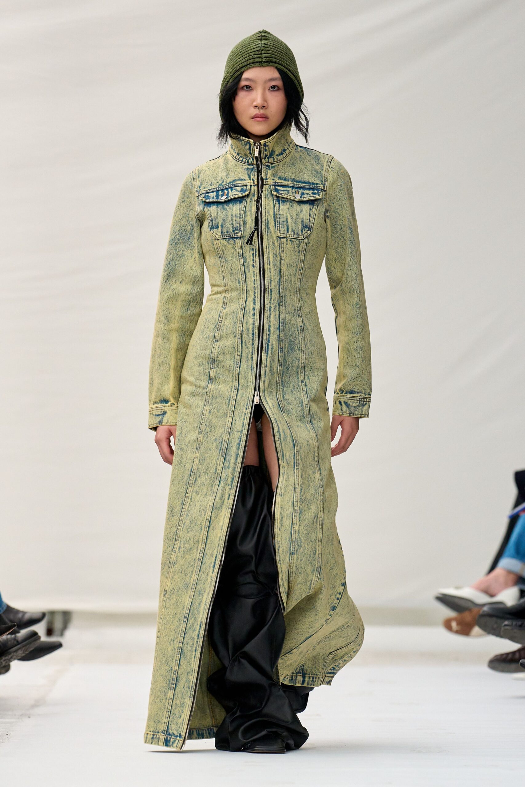 yellow denim coat with black pants