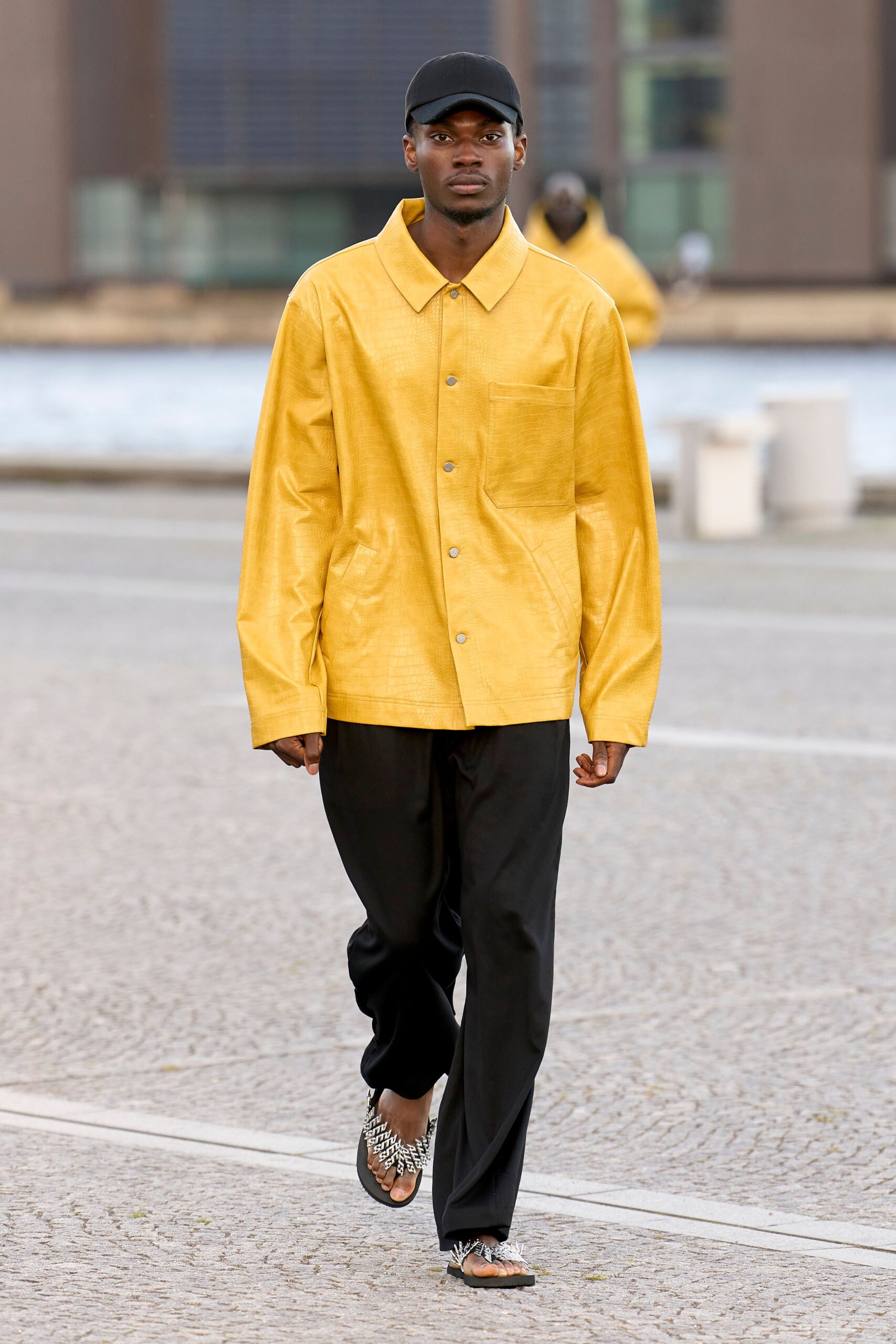 yellow leather long-sleeve collared oversized buttoned pockets jacket