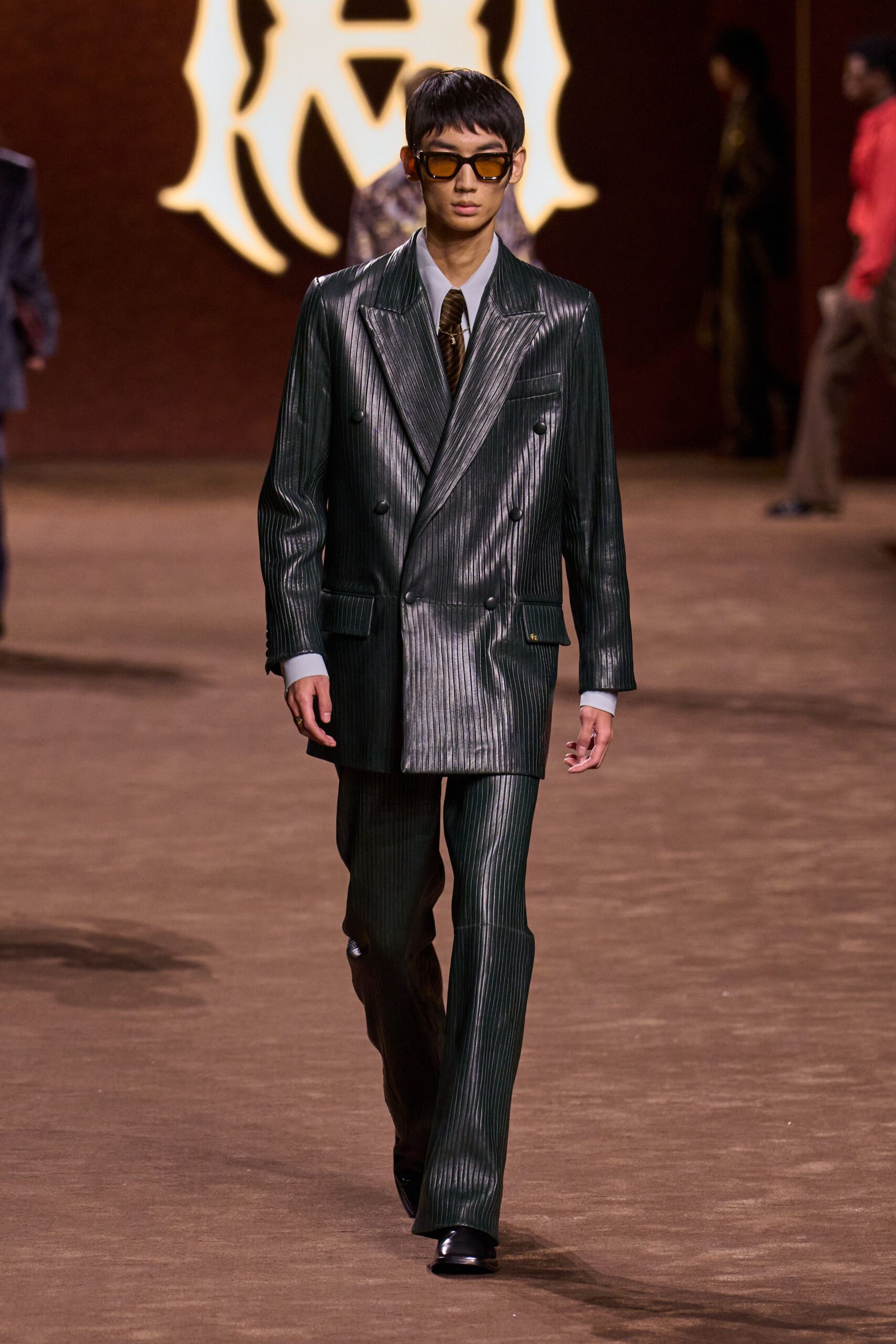 green silk long-sleeve collared tailored striped shiny suit