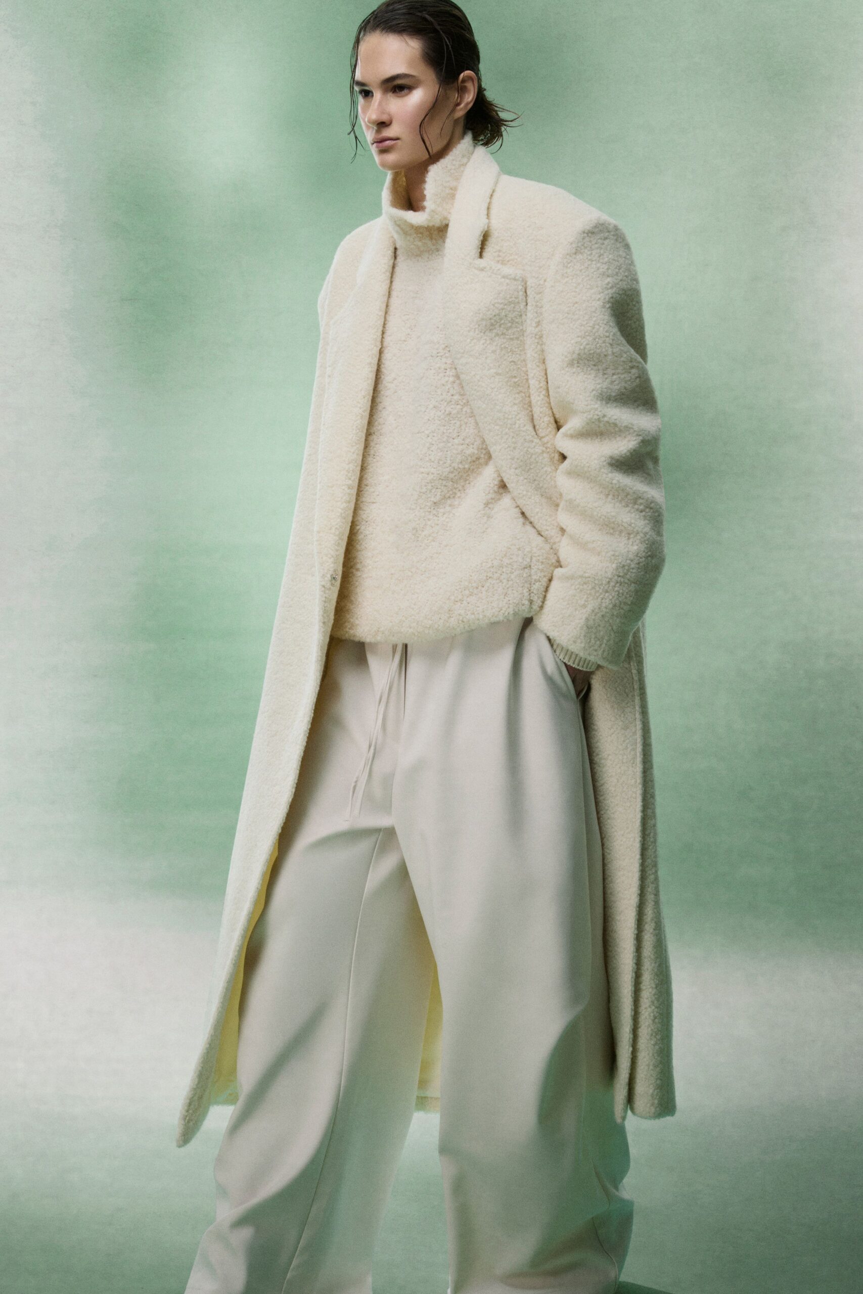 white wool long-sleeve collared relaxed textured maxi coat