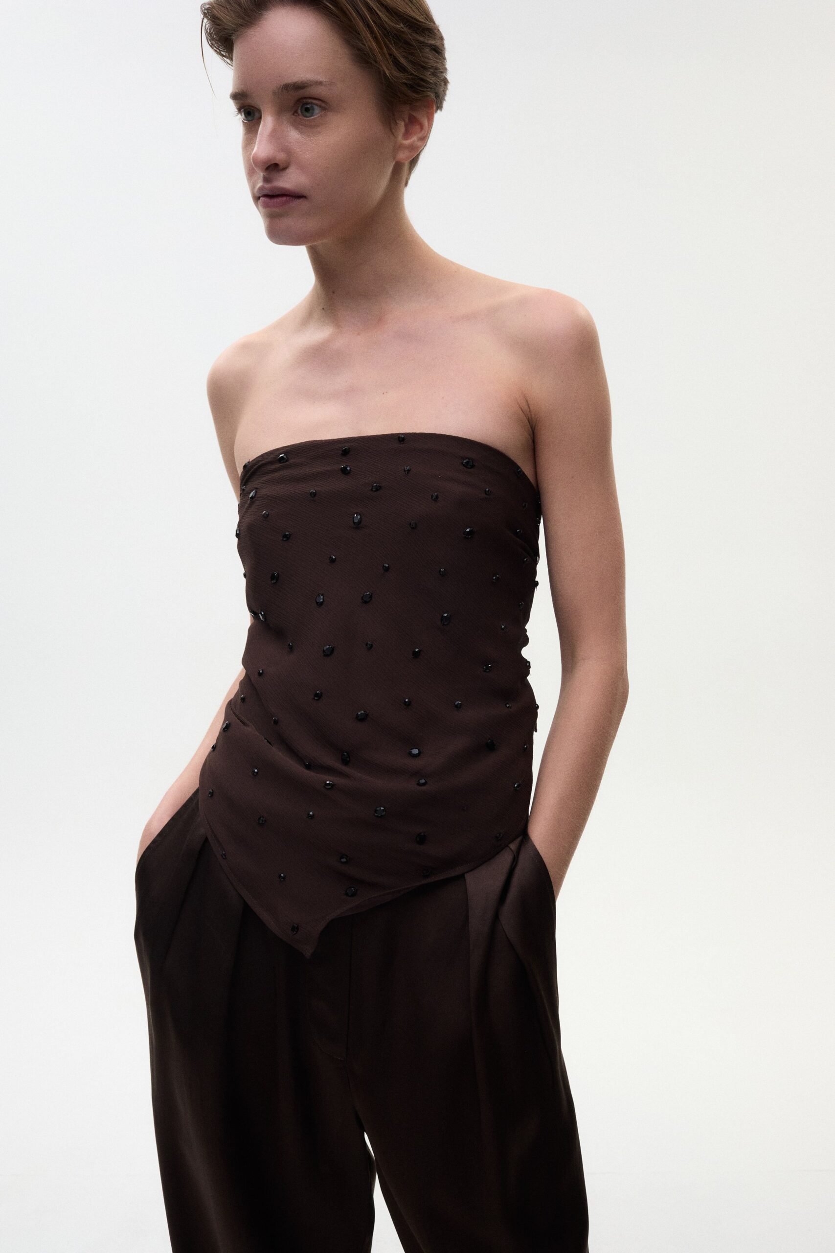 brown silk strapless fitted beaded top