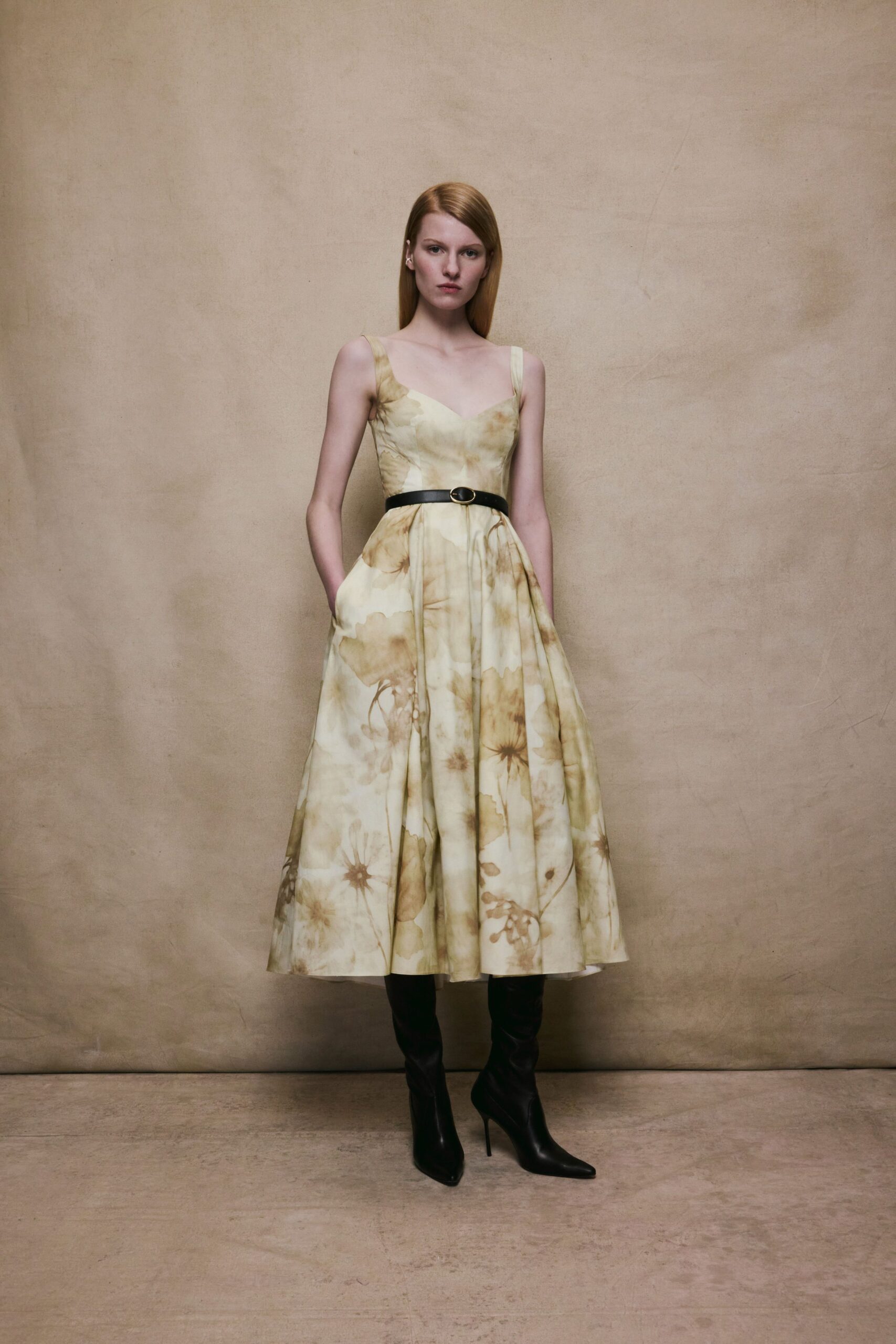 yellow silk pleated midi dress