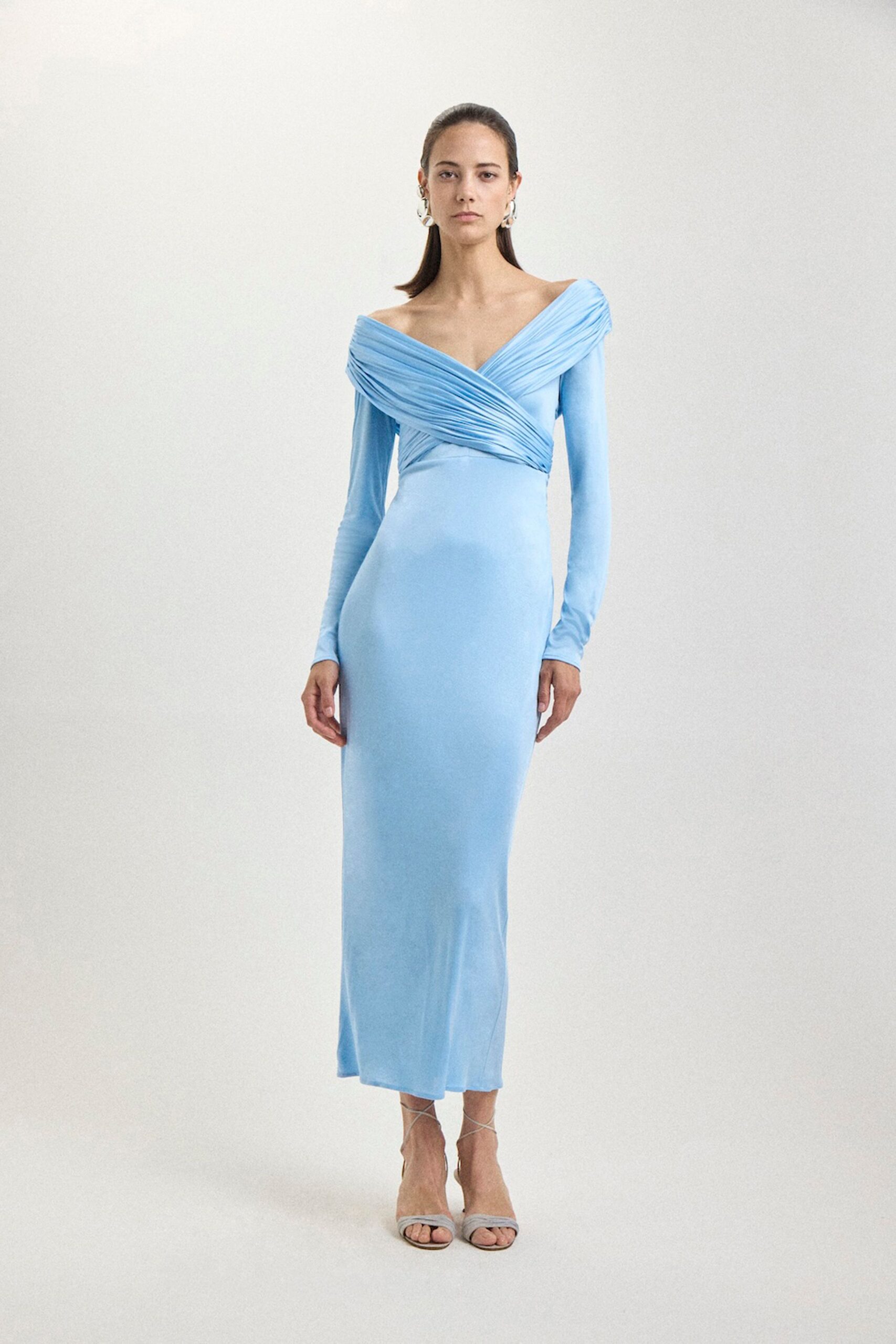 blue silk long-sleeve off-shoulder fitted ruched midi gown