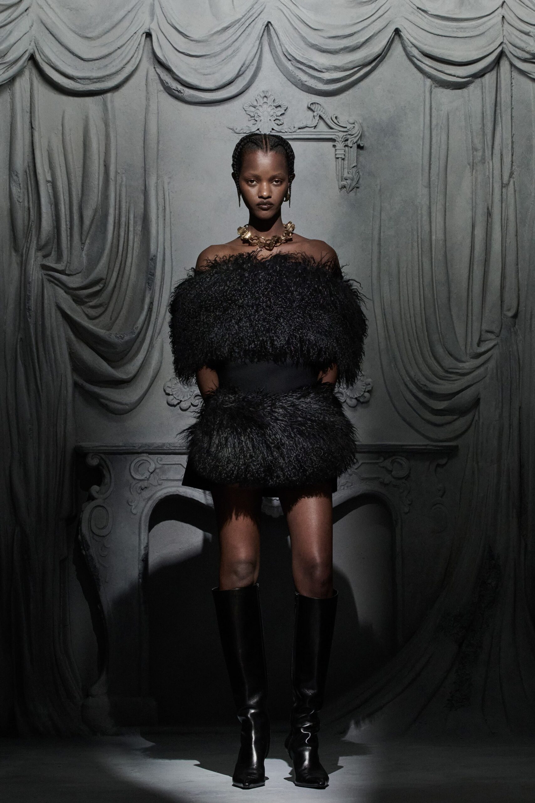 black fur off-shoulder fitted ruffled short dress