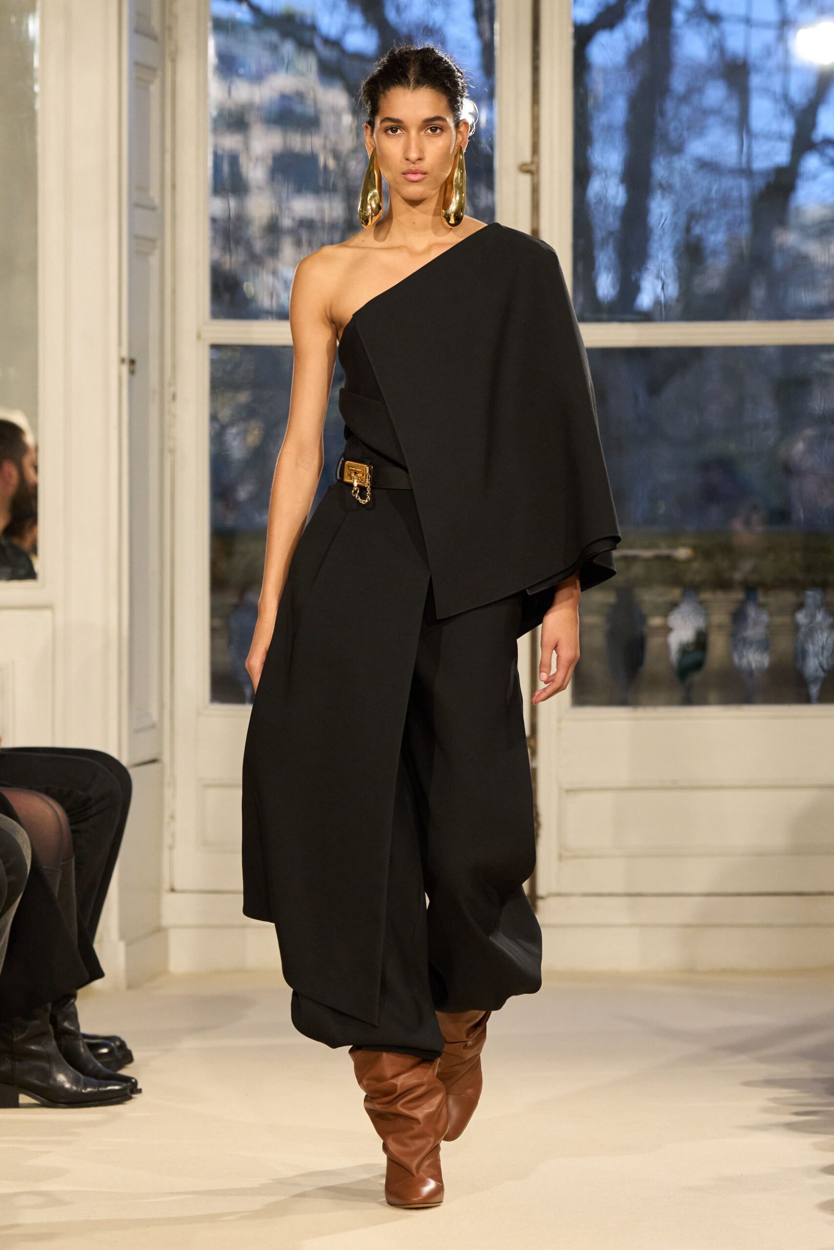 black cotton sleeveless asymmetric relaxed wide-leg jumpsuit