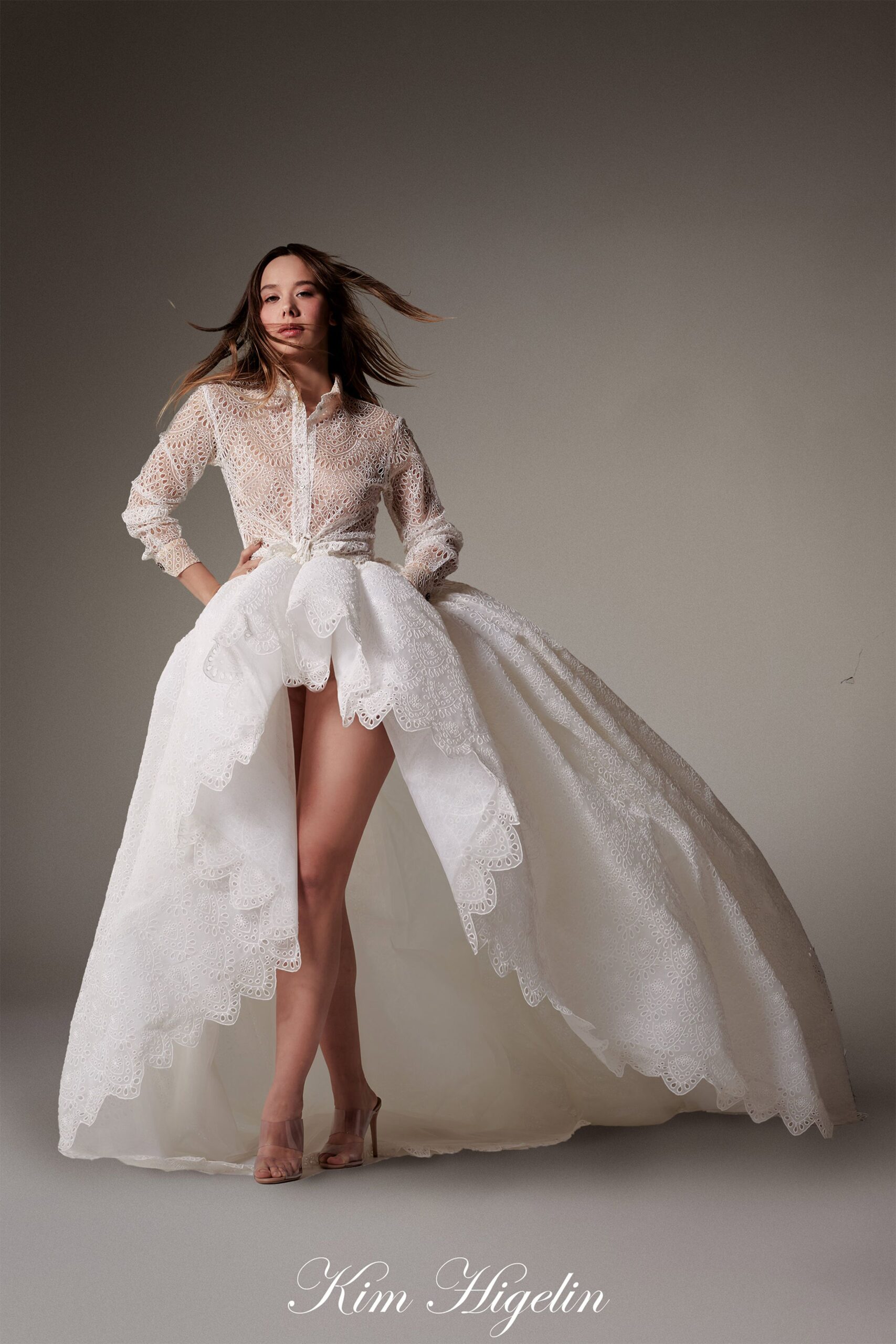 white lace long-sleeve collared fitted pleated tiered dress