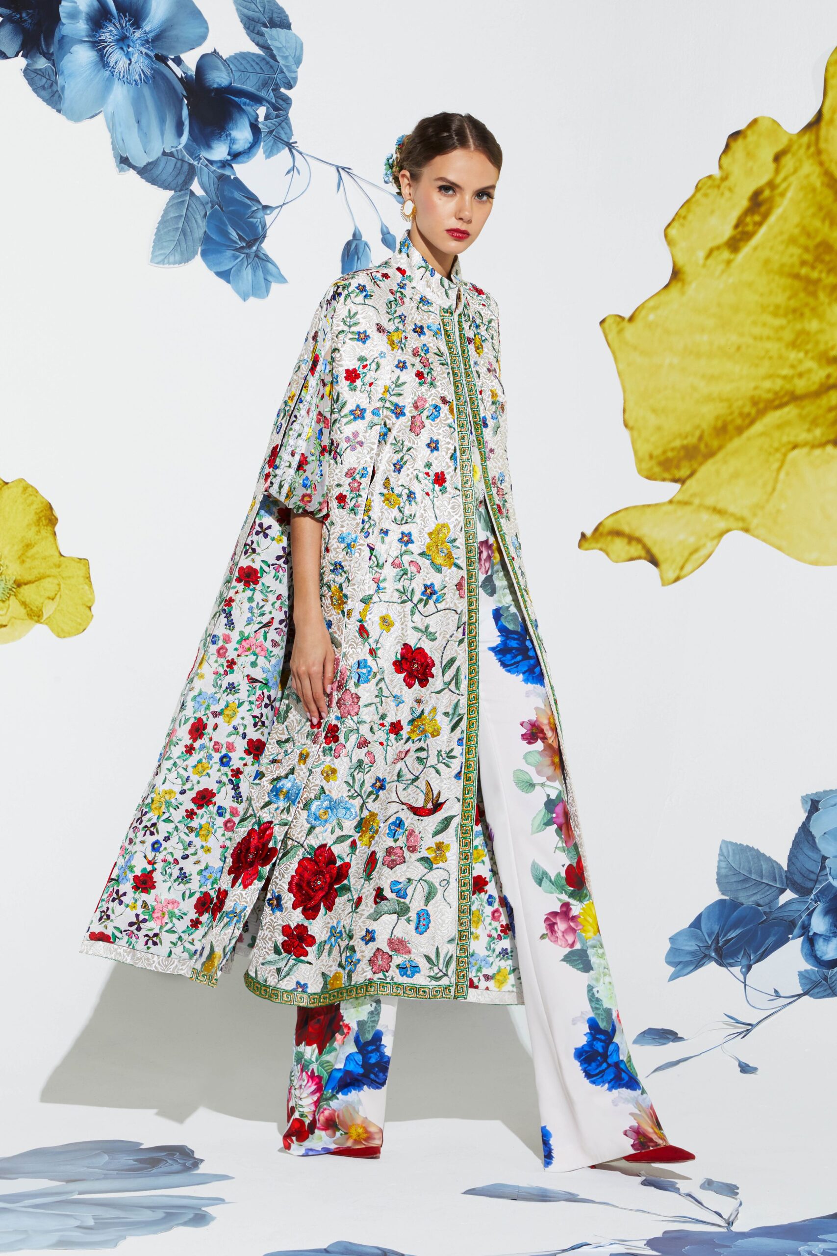 embroidered multi-color cape and pants