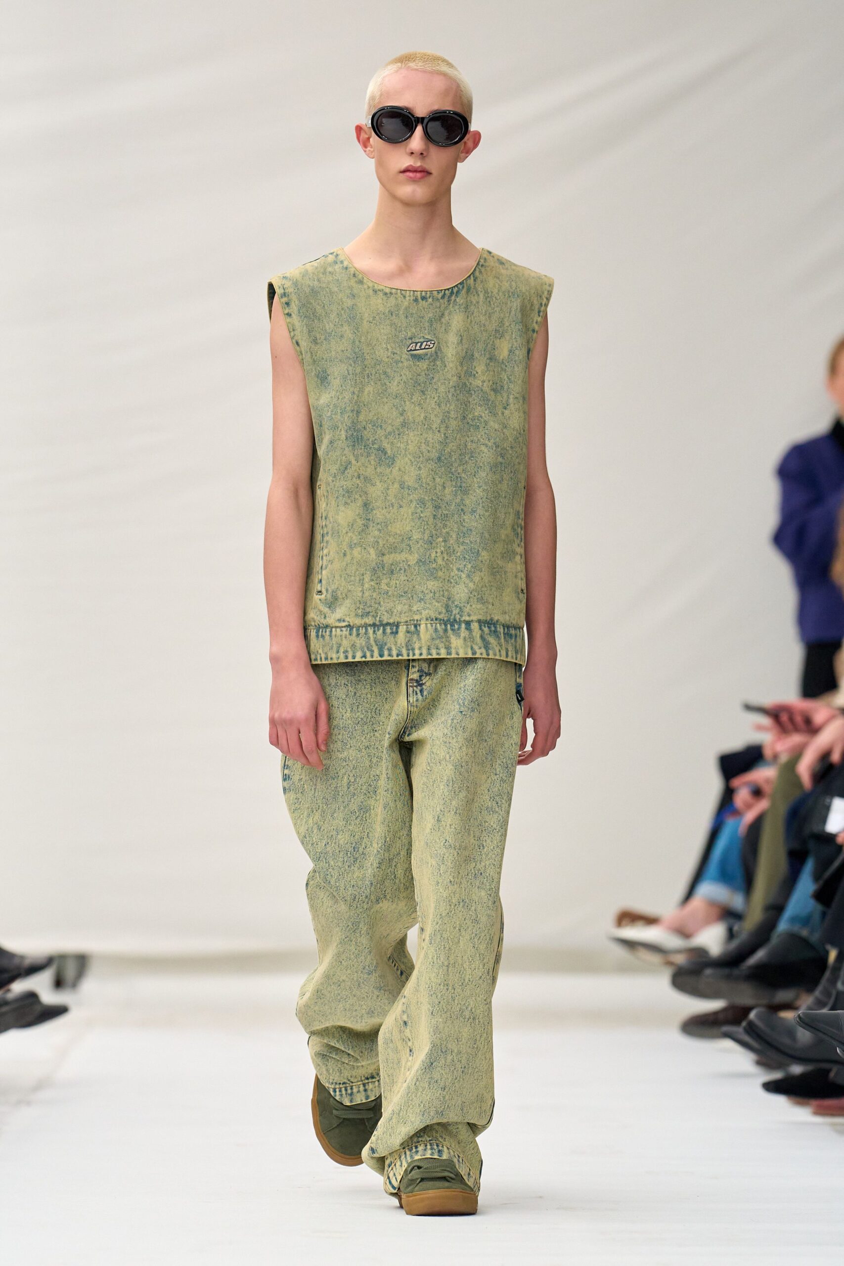green denim sleeveless top and pants