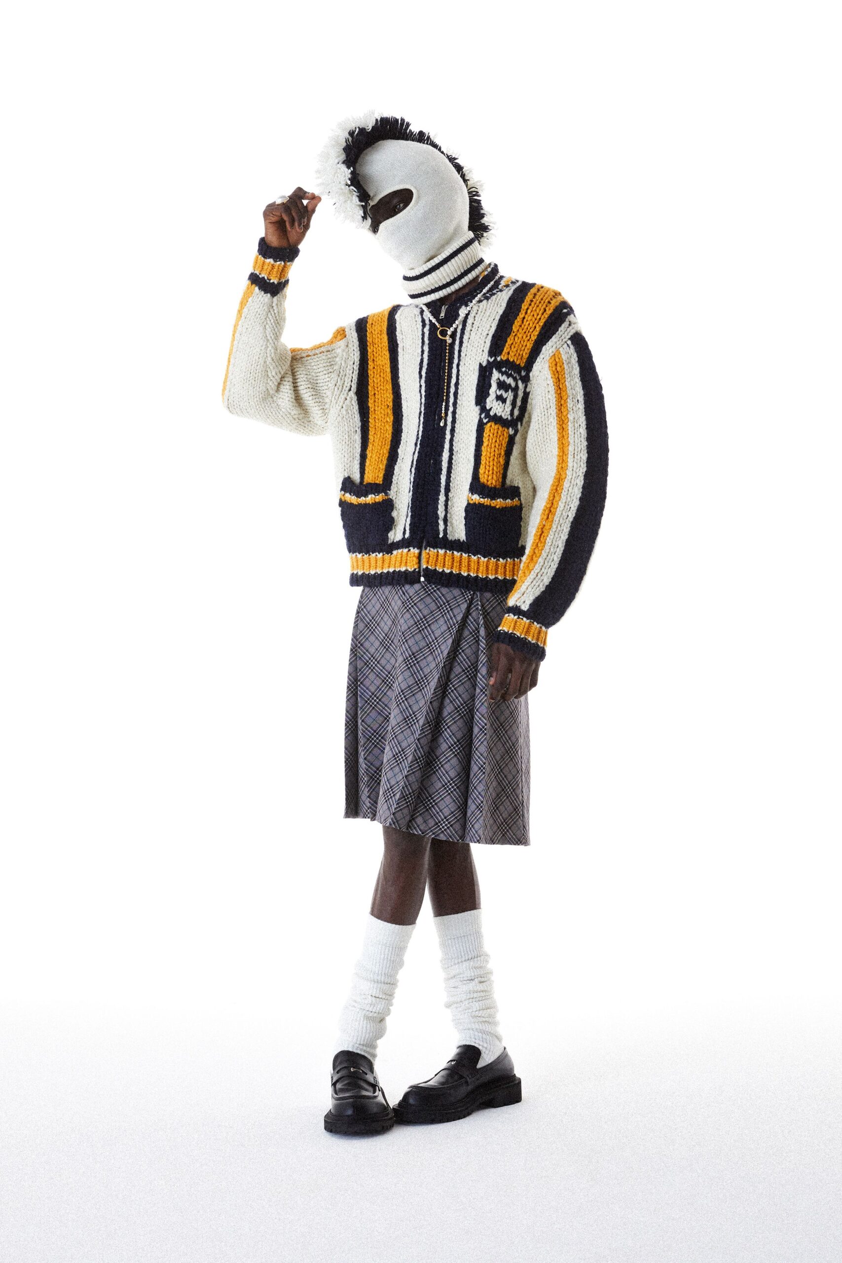 white wool long-sleeve collared relaxed striped sweater