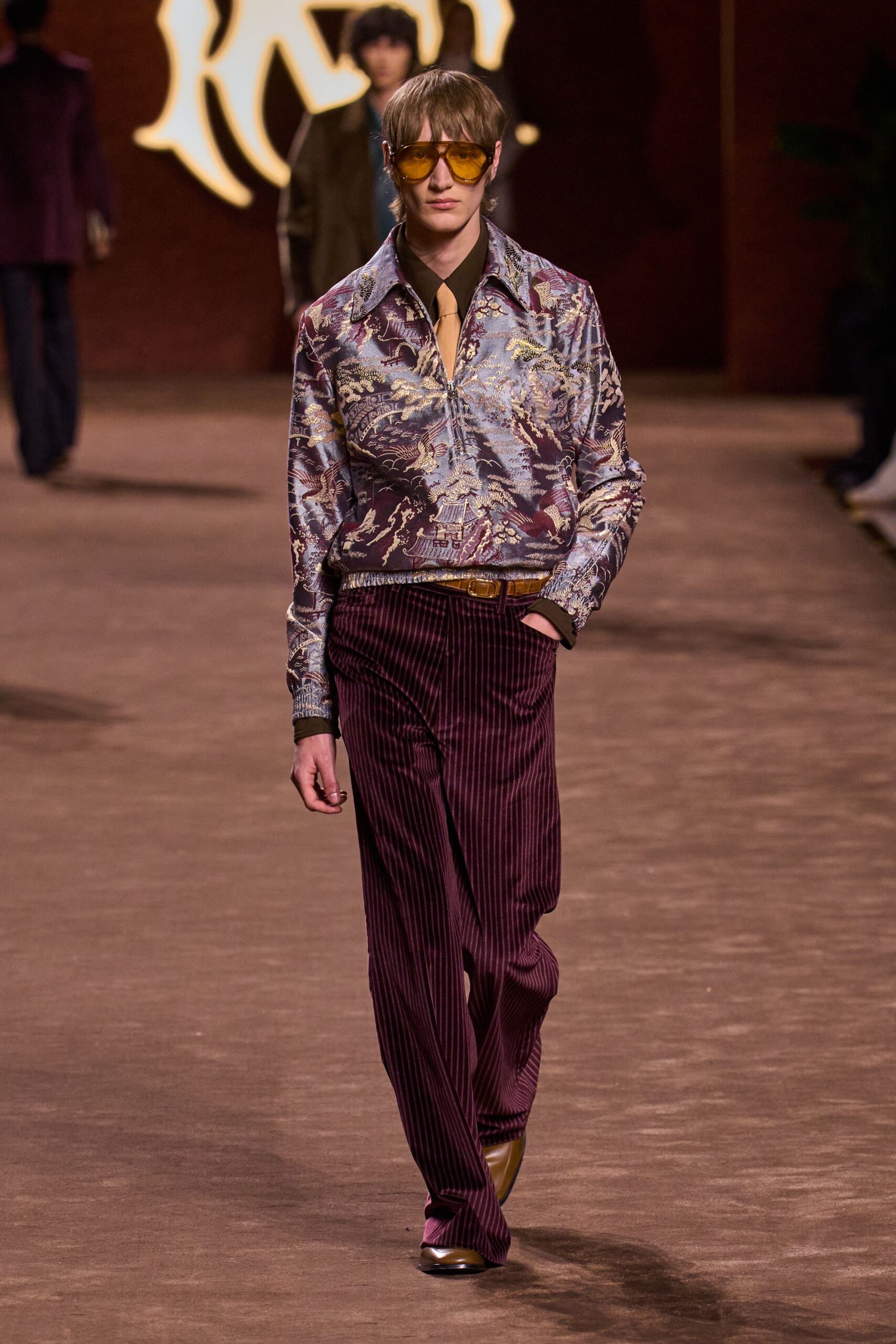 multi-colored silk shirt with maroon pants