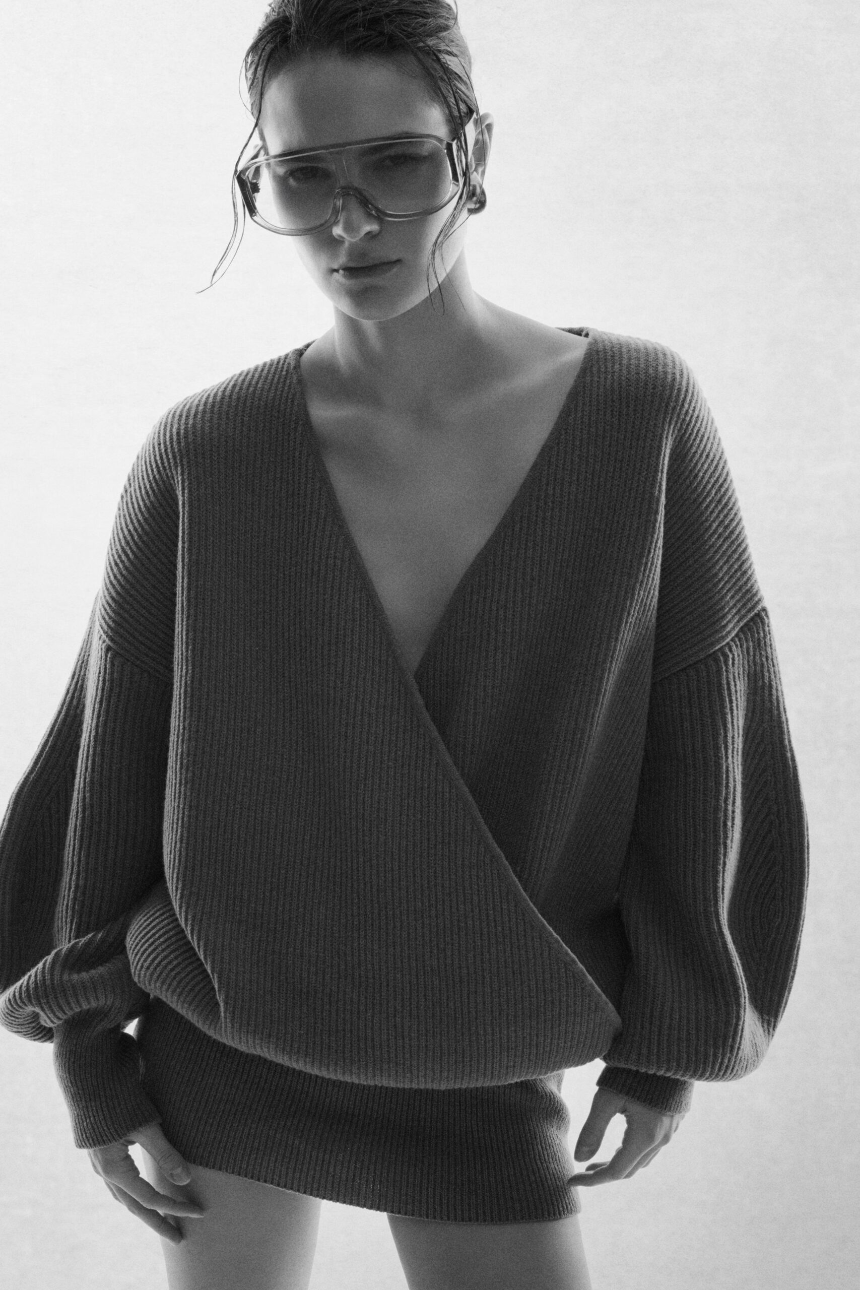 gray knit long-sleeve v-neck fitted draped mini dress