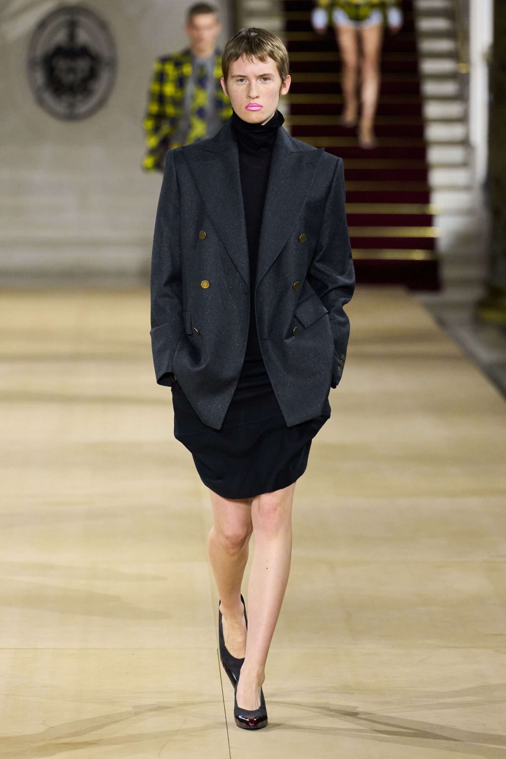 gray tailored blazer black mini dress