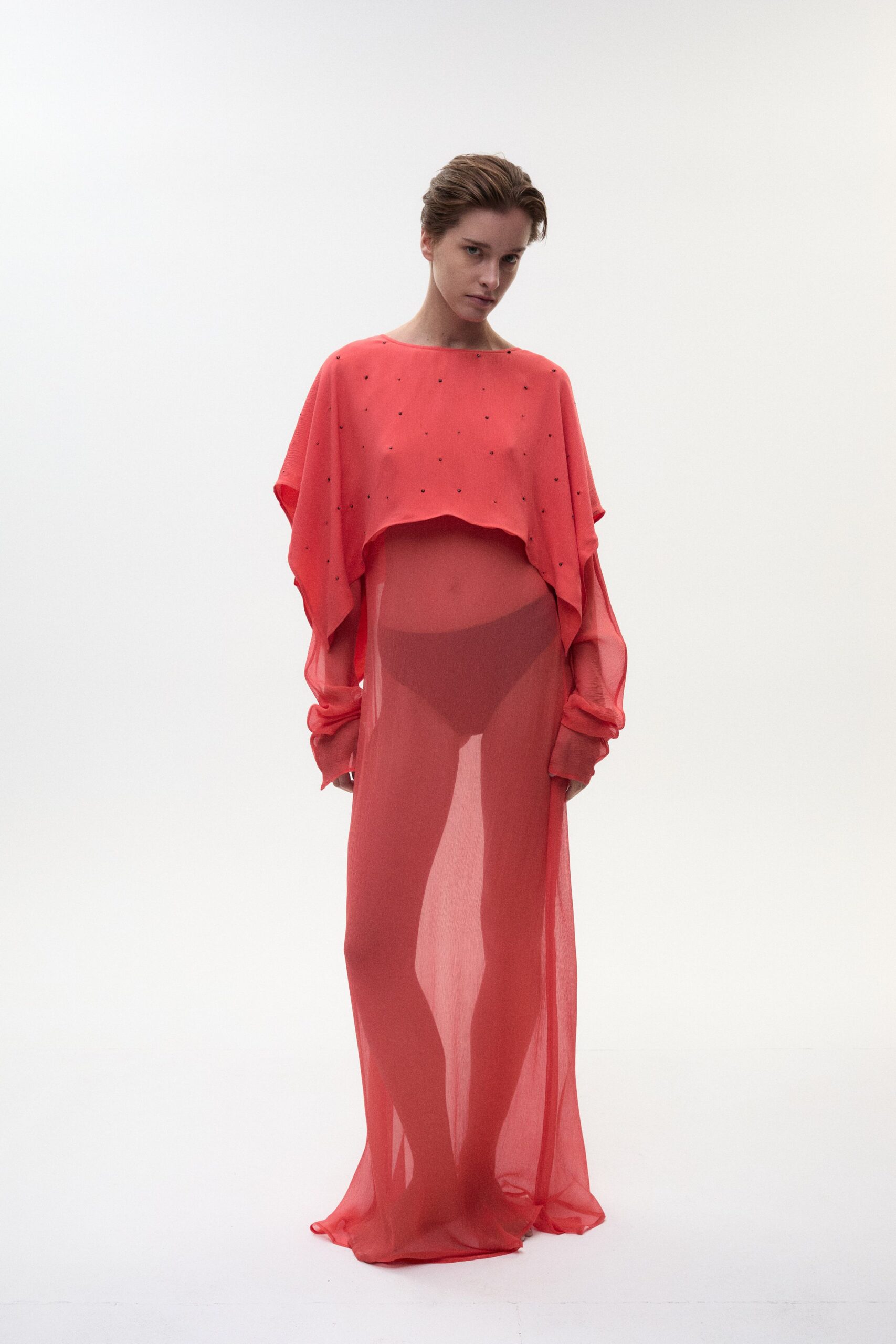 red chiffon sheer gown