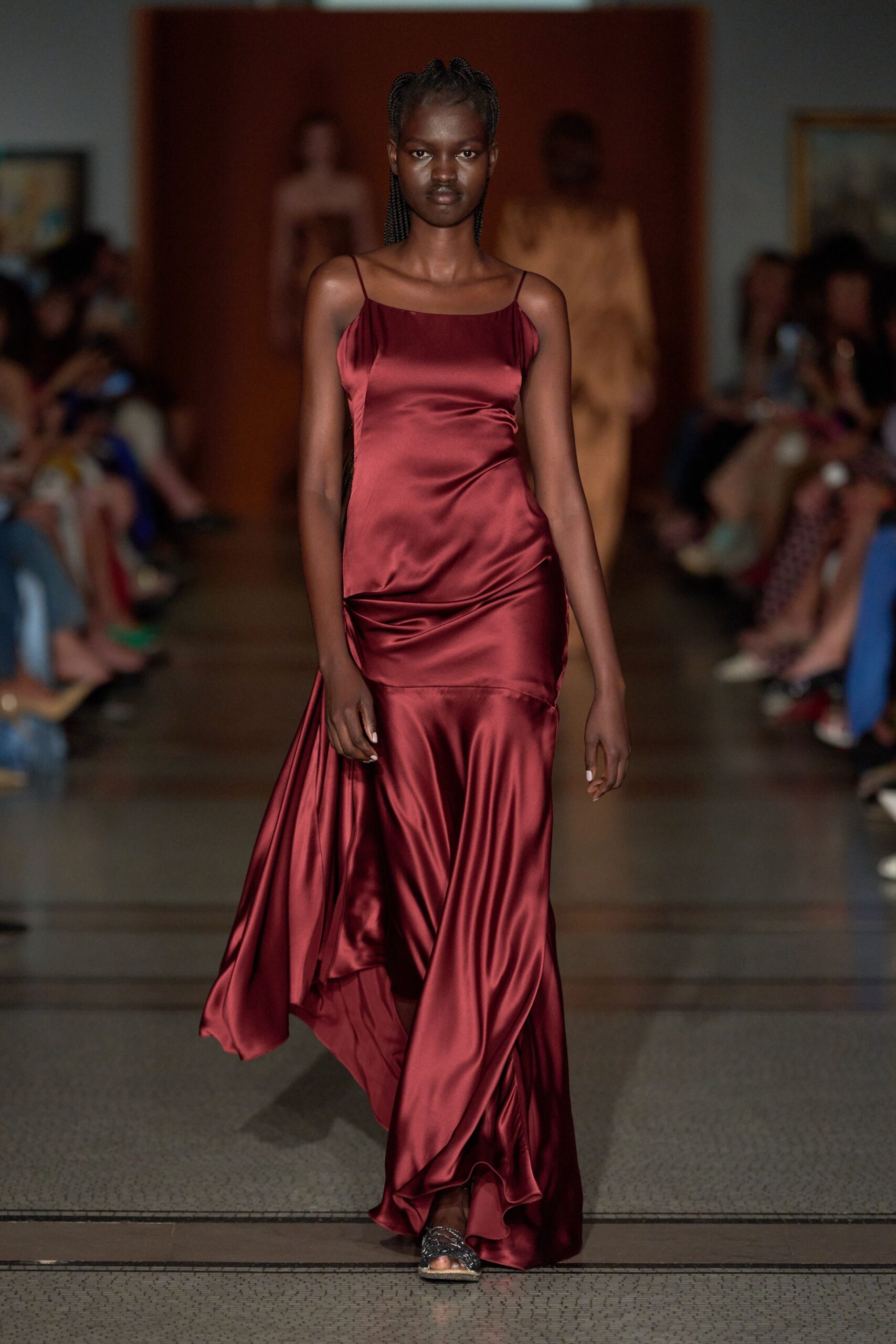 red silk sleeveless gown