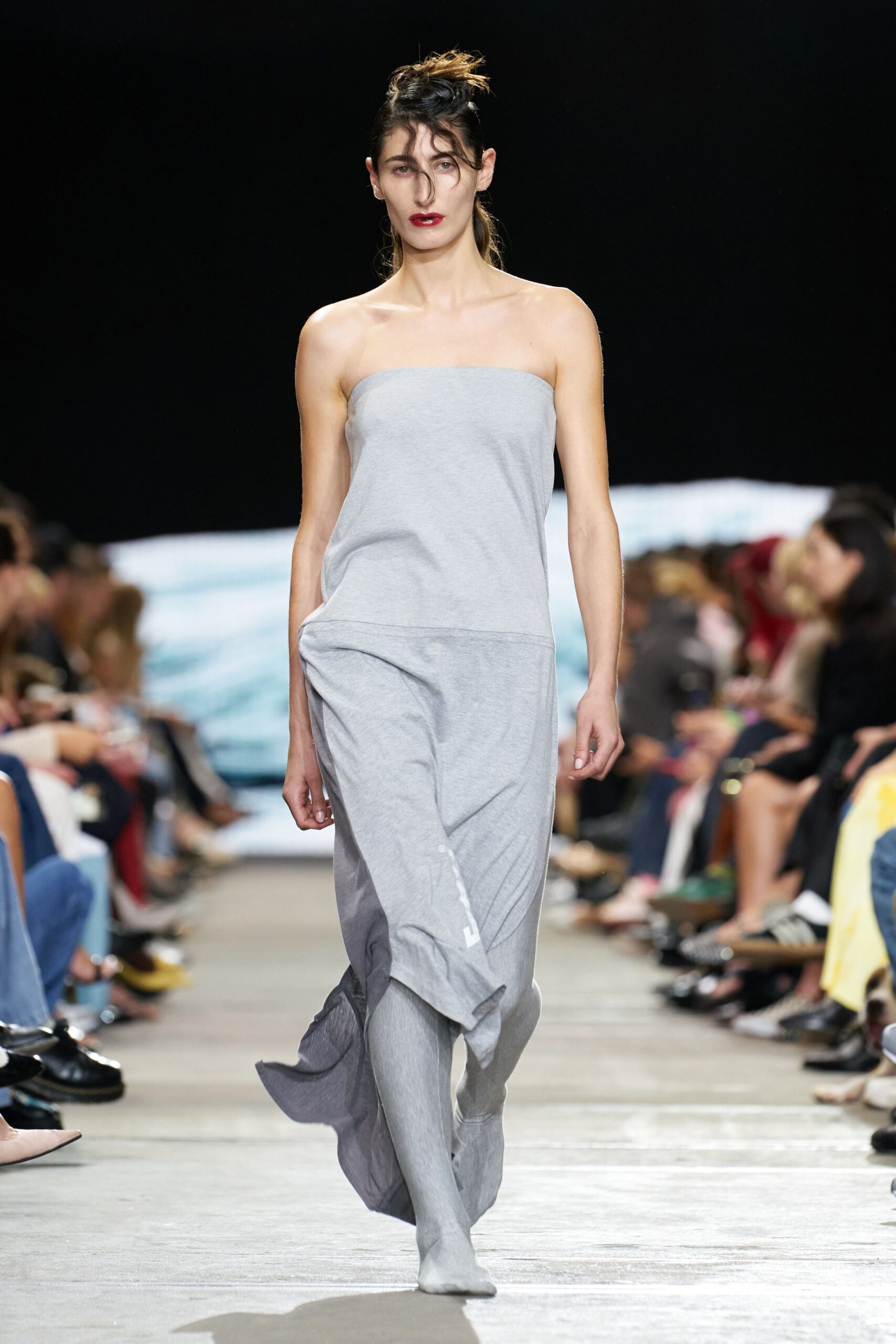 gray strapless draped dress