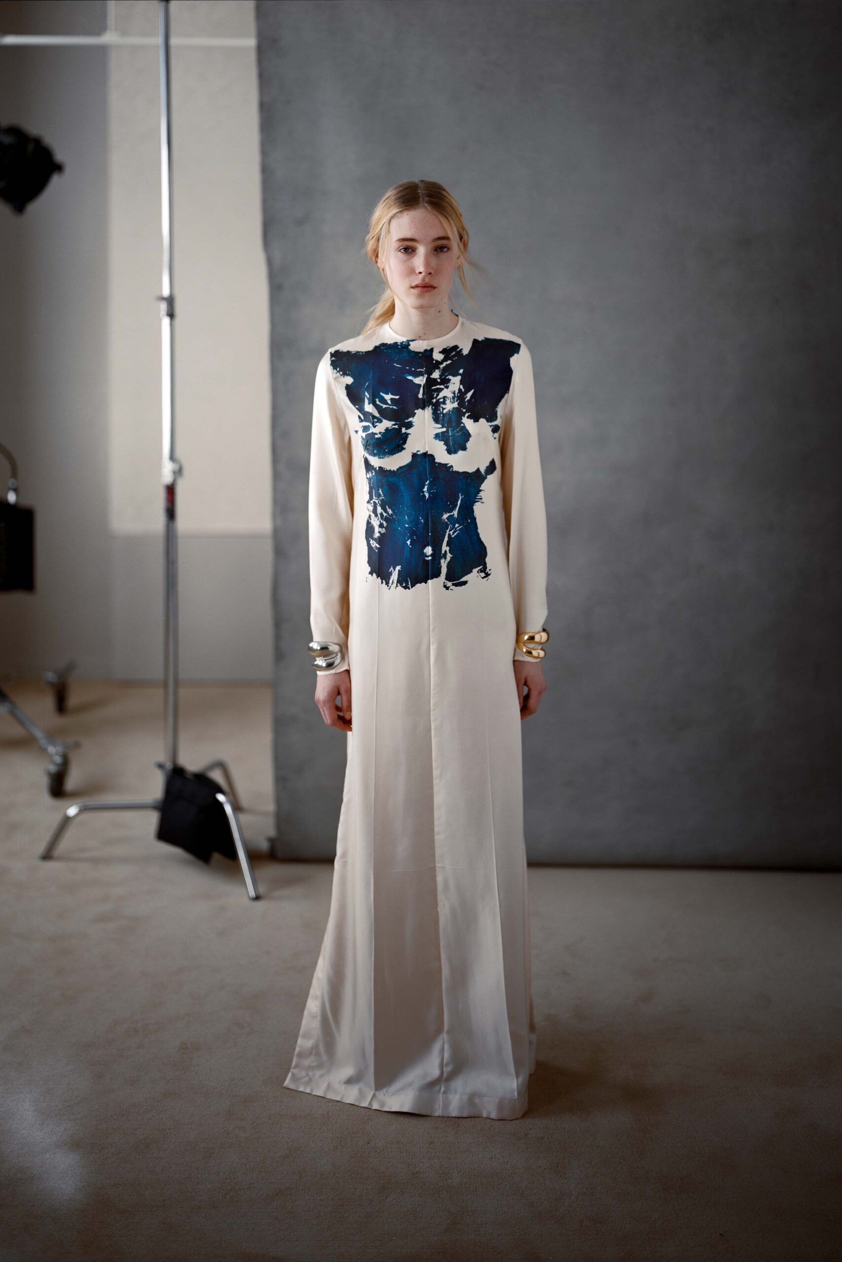 ivory silk printed gown