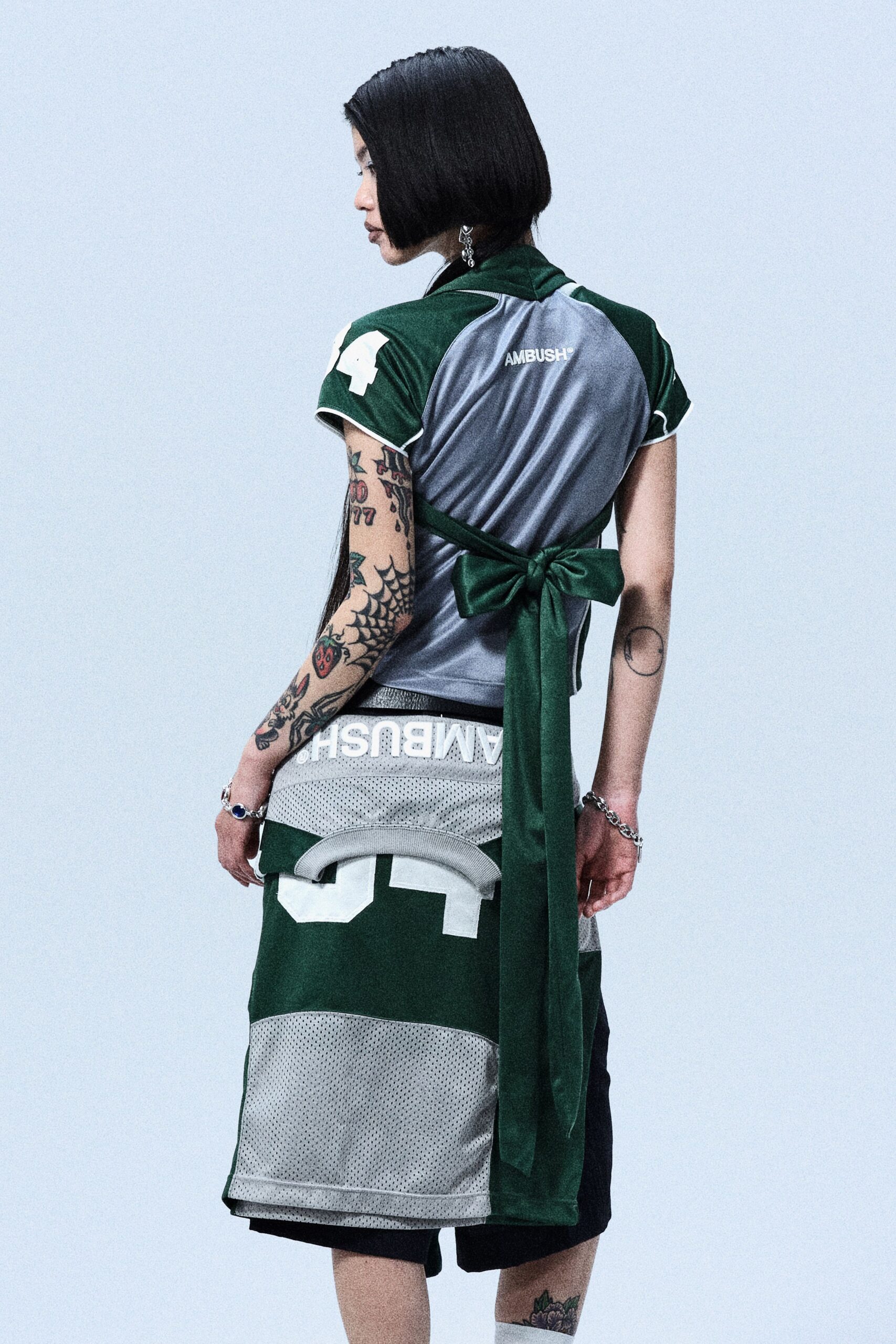 green cotton short-sleeve v-neck relaxed layered zippered dress