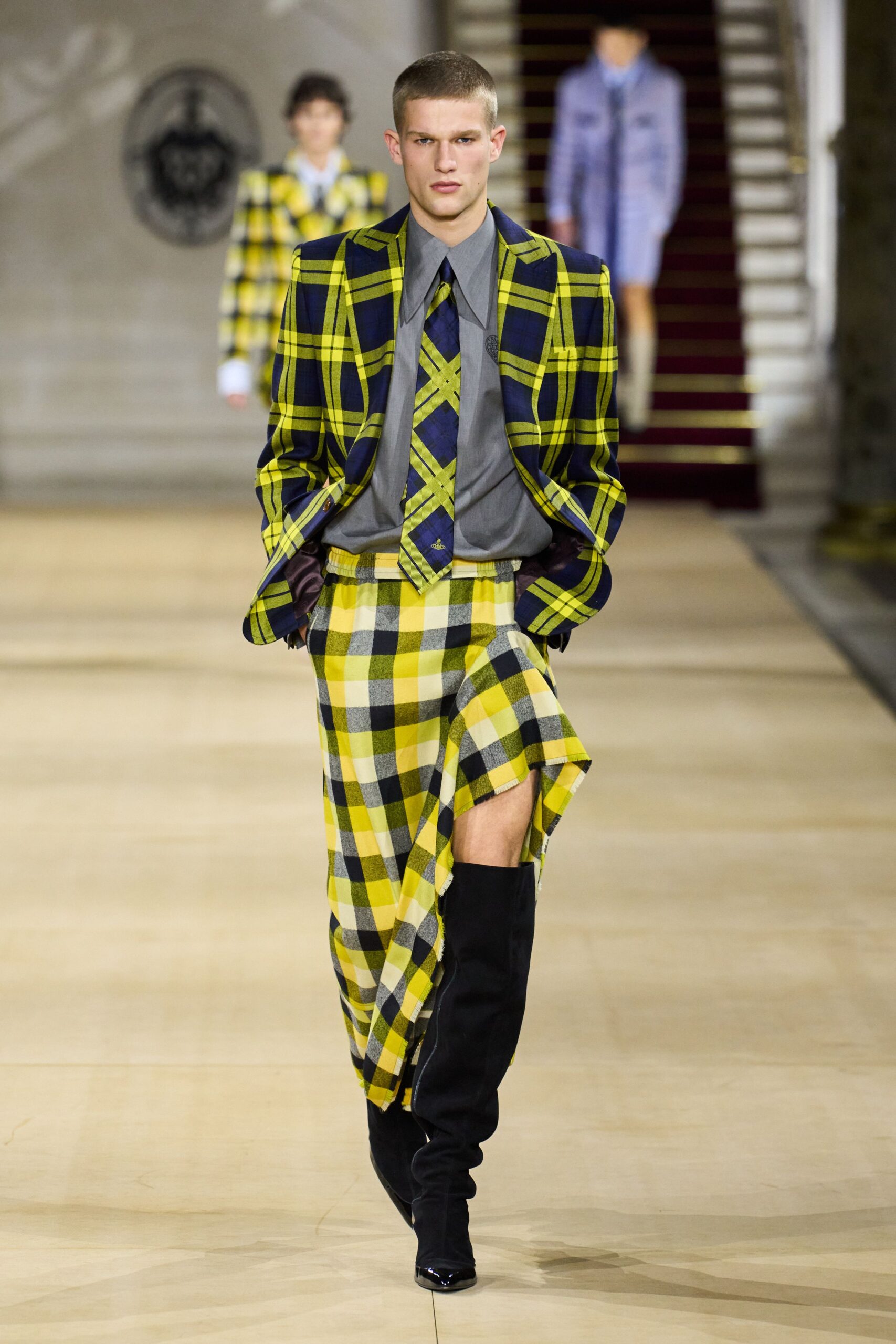 checked blazer with asymmetric skirt