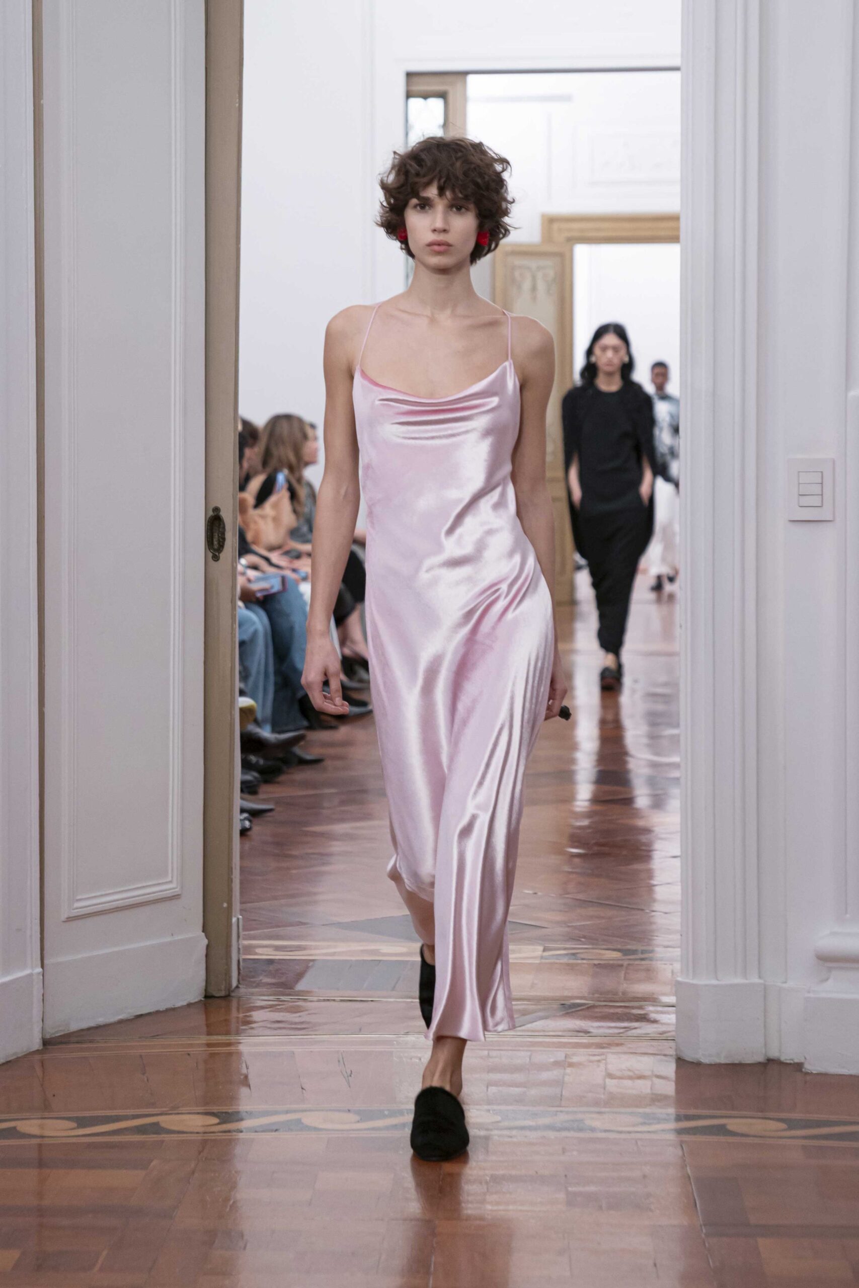 pink silk sleeveless v-neck fitted draped flowing dress