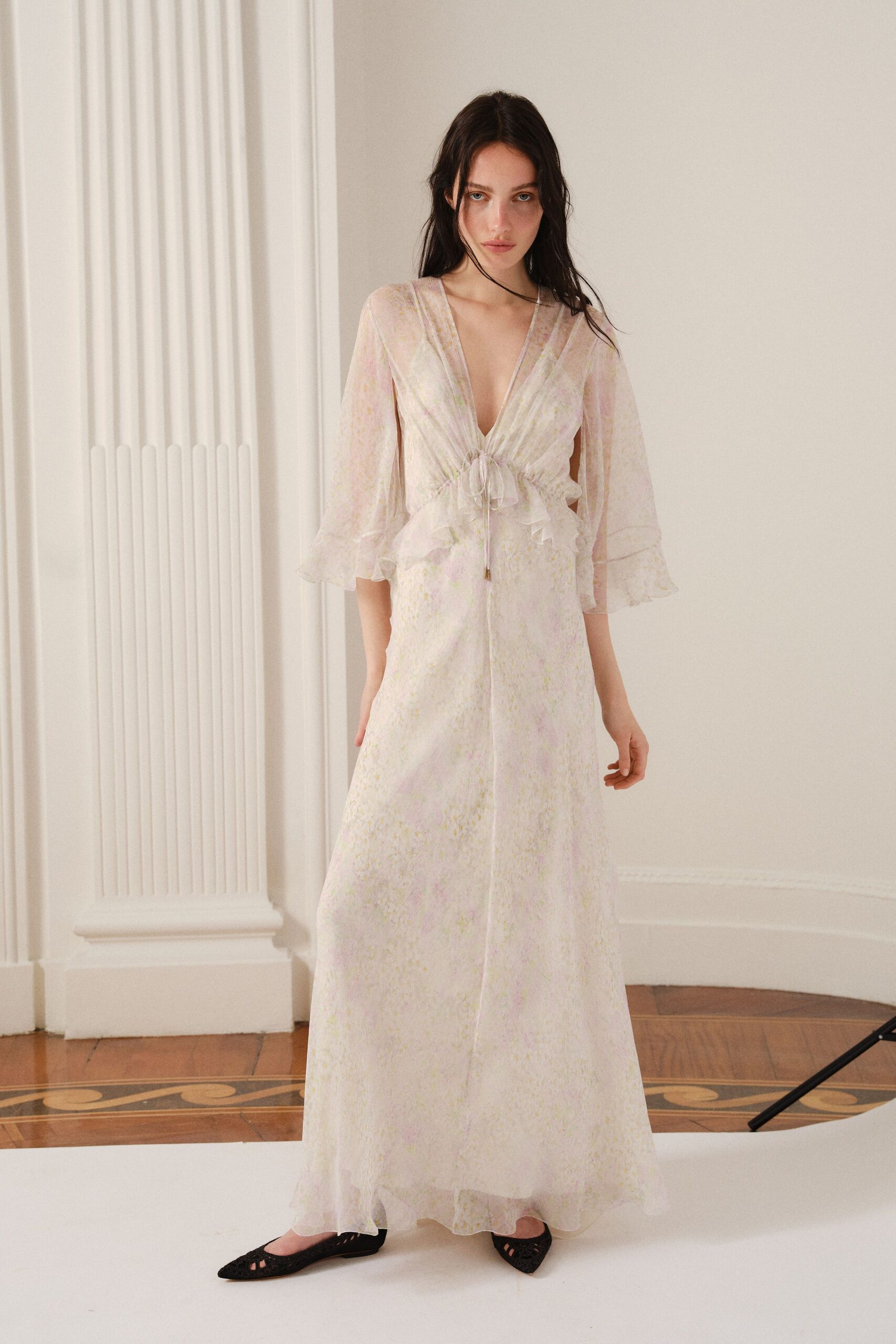 white chiffon long-sleeve v-neck relaxed draped layered gown