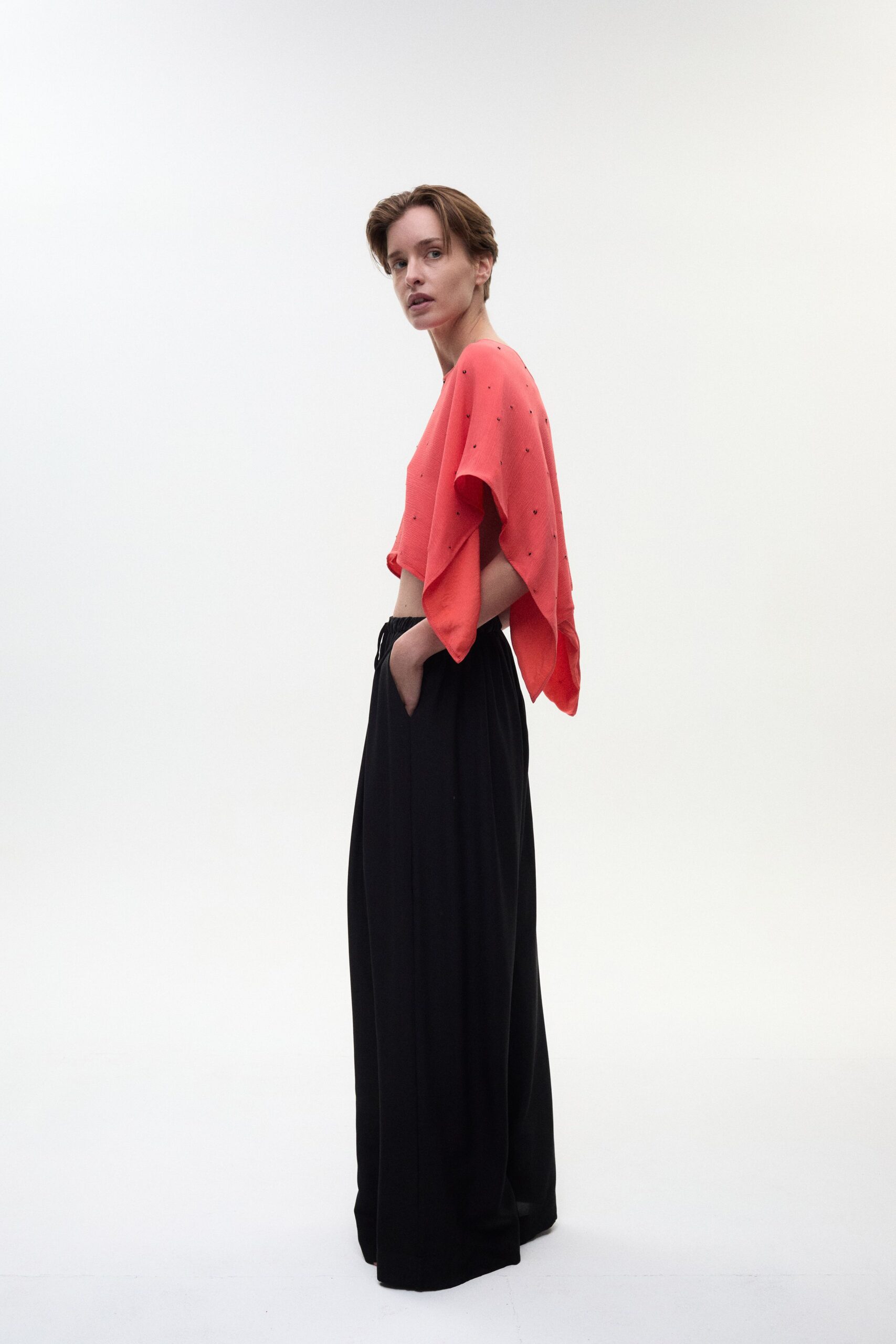 red silk short-sleeve relaxed embroidered cropped top