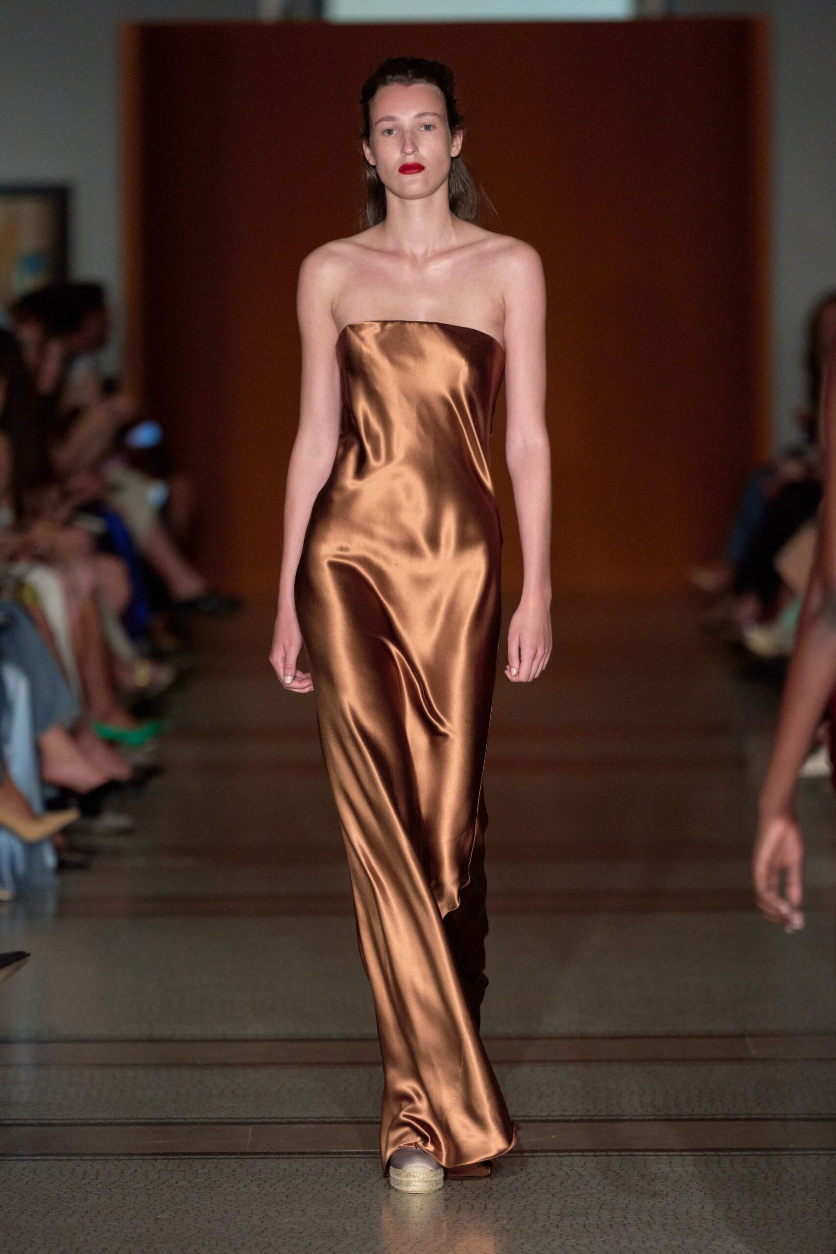 brown silk strapless gown