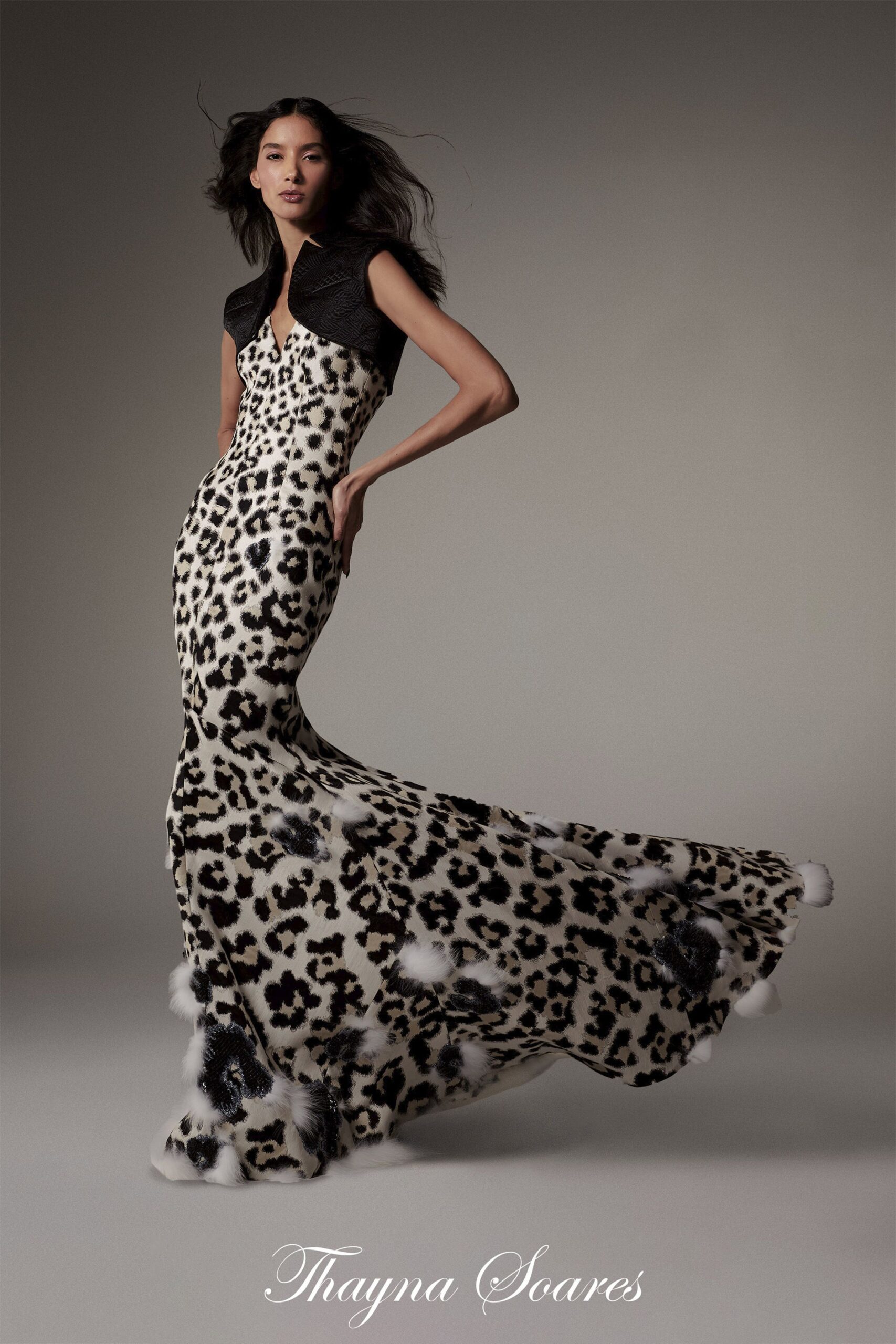 black and beige animal-print gown