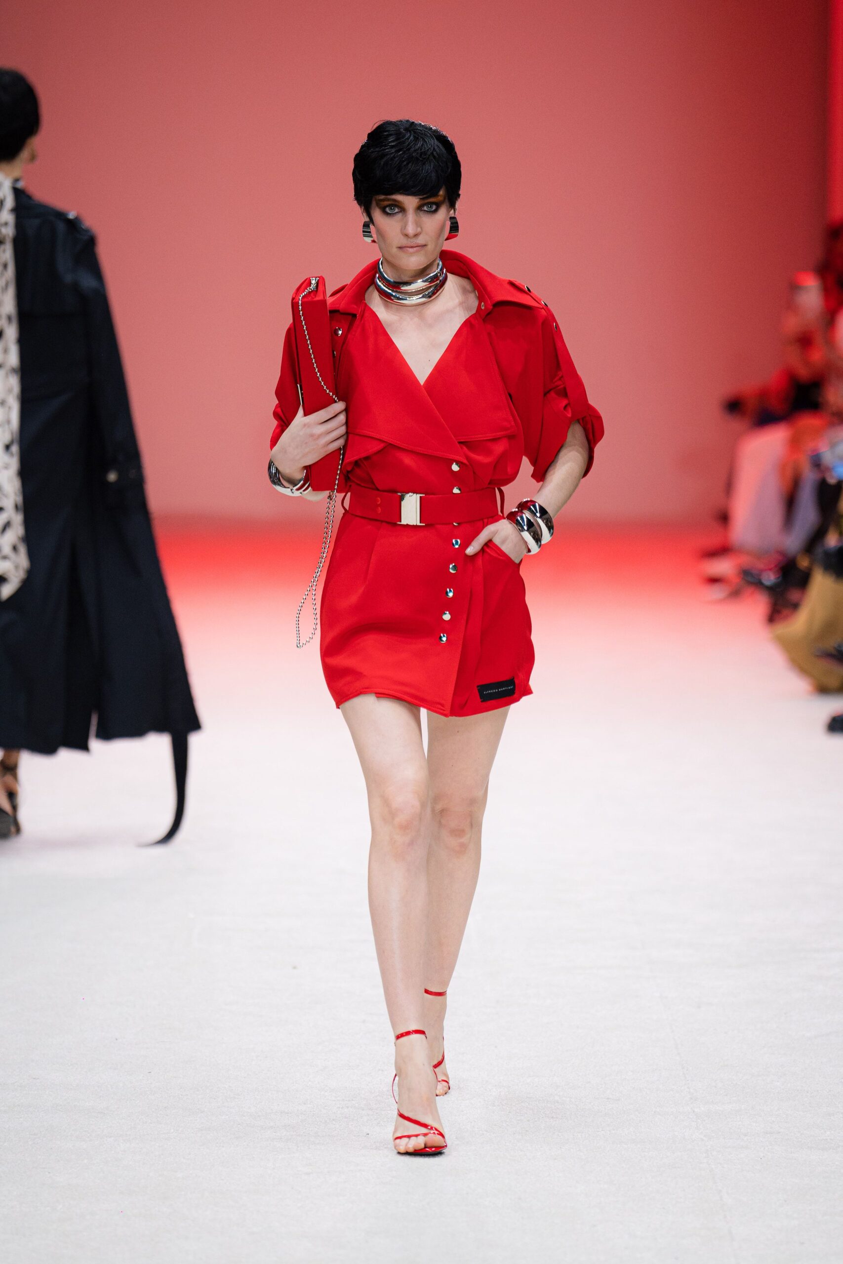 red short-sleeve collared fitted buttoned zippered mini dress
