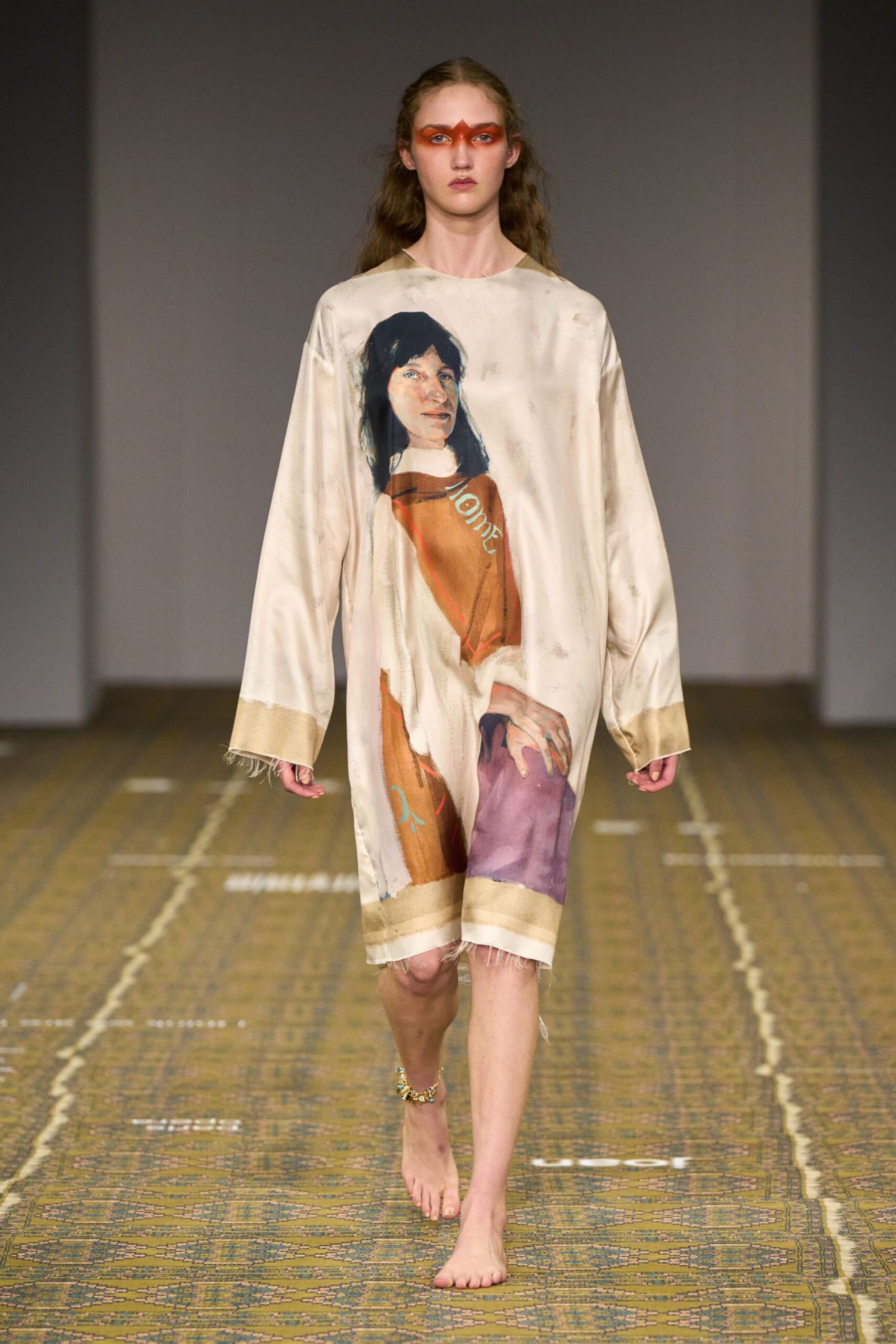 white silk long-sleeve high-neck oversized printed flowing dress