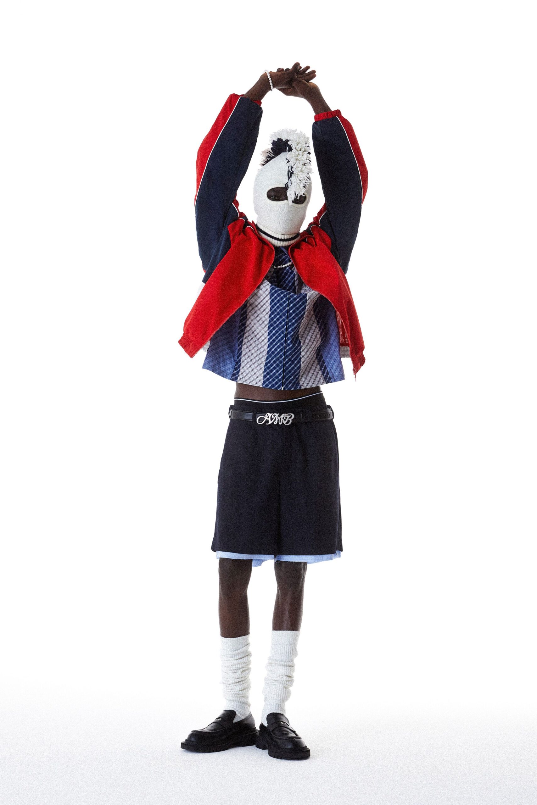 red long-sleeve collared fitted layered zippered jacket