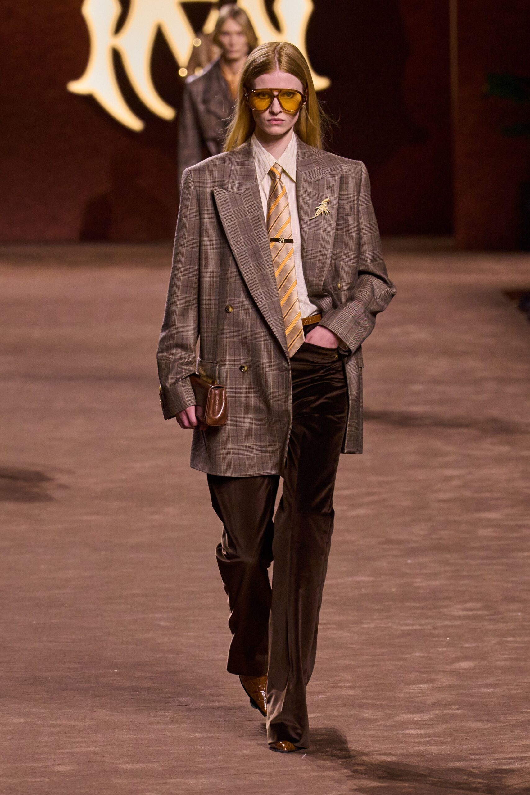 brown checked blazer with tie