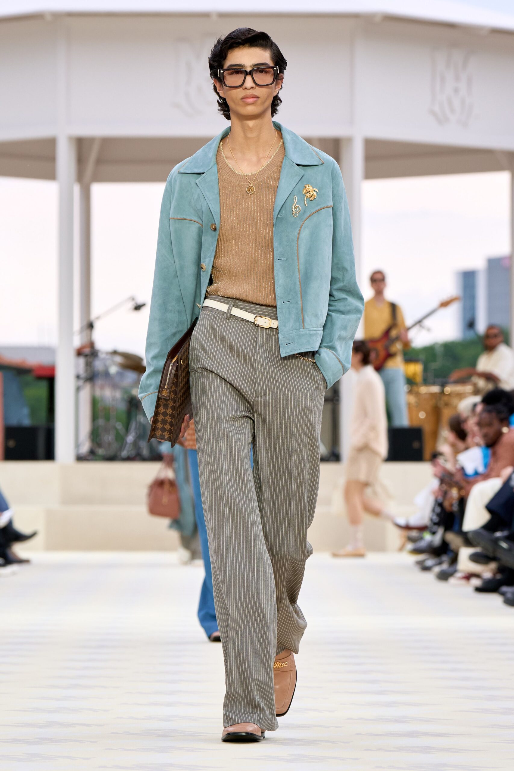 blue suede long-sleeve collared fitted embroidered jacket