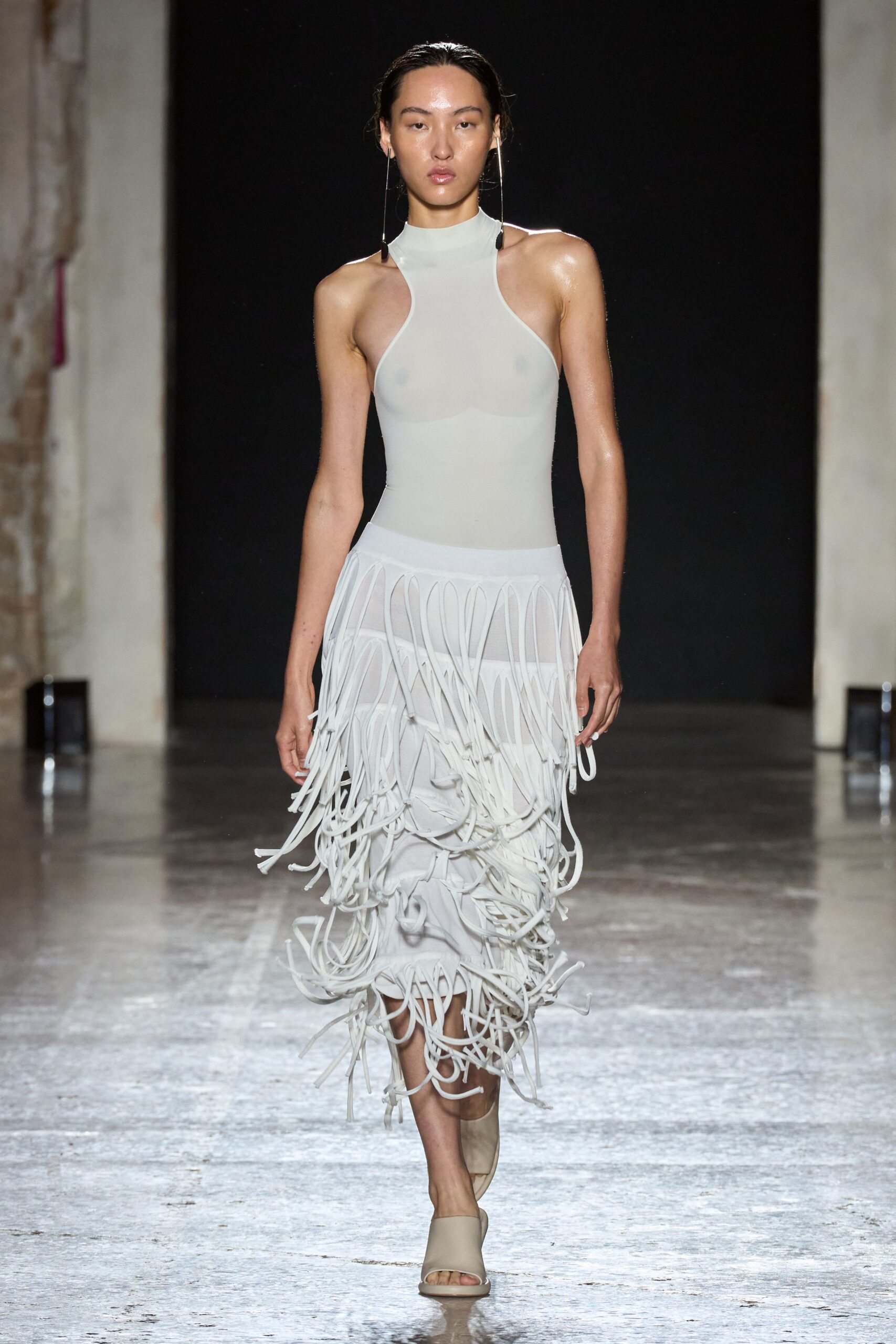 white silk sleeveless high-neck fitted fringed sheer dress