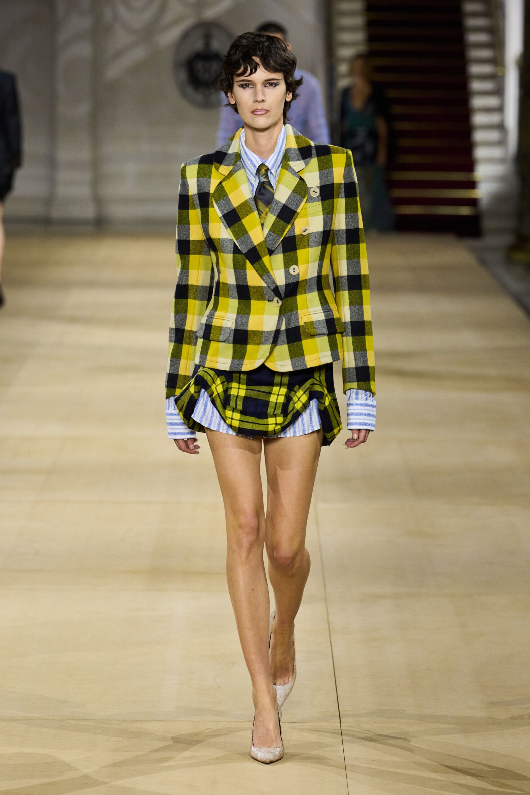 yellow black checked blazer mini skirt
