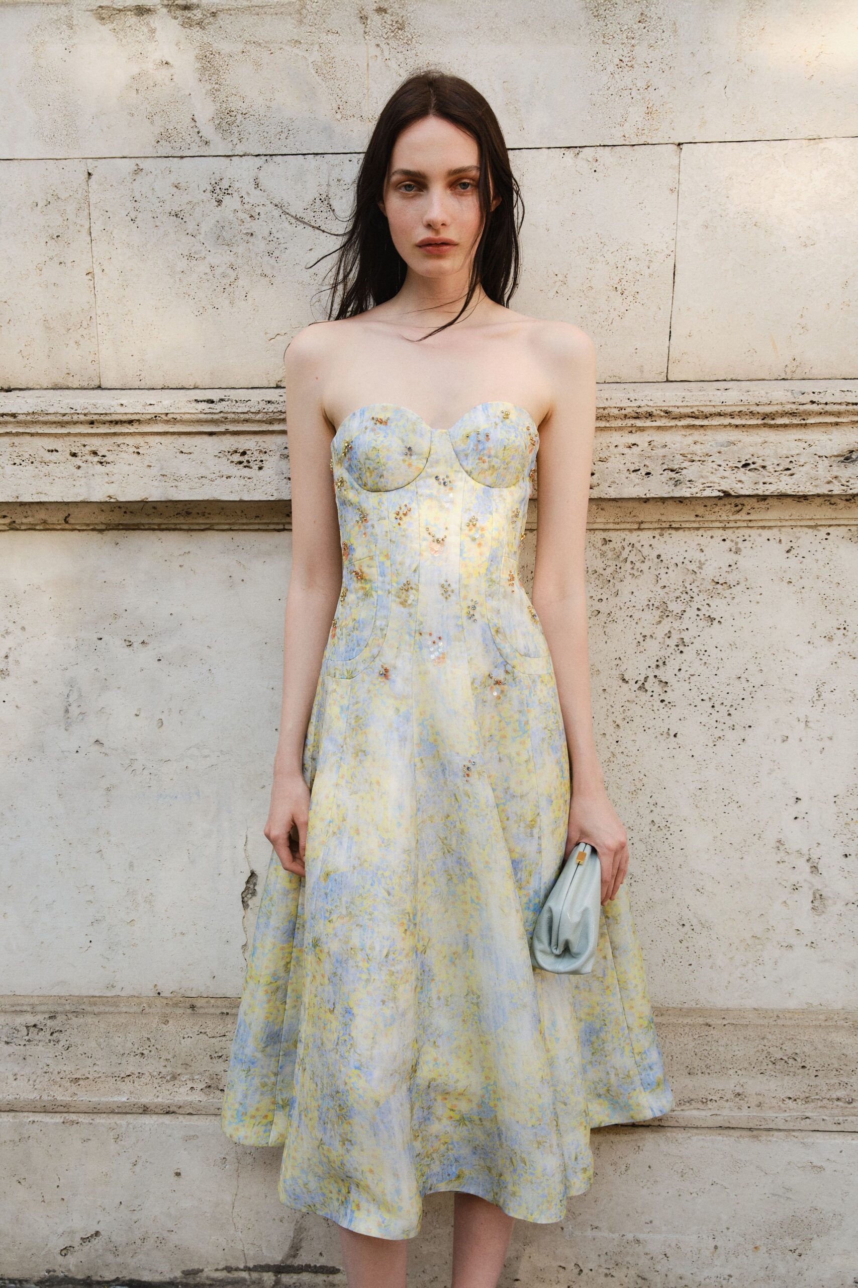 blue silk strapless fitted printed embellished textured dress