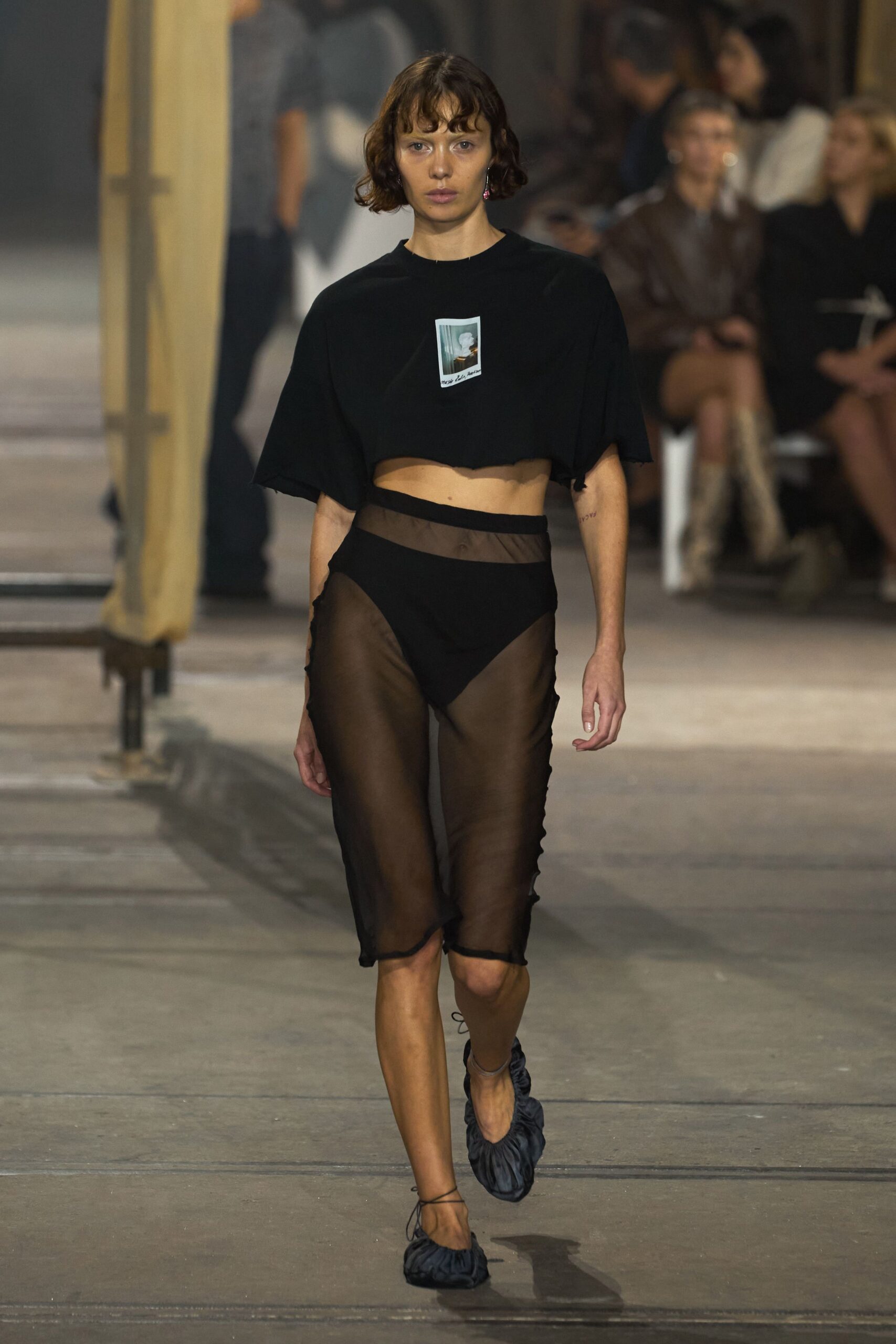 black cropped top and sheer skirt