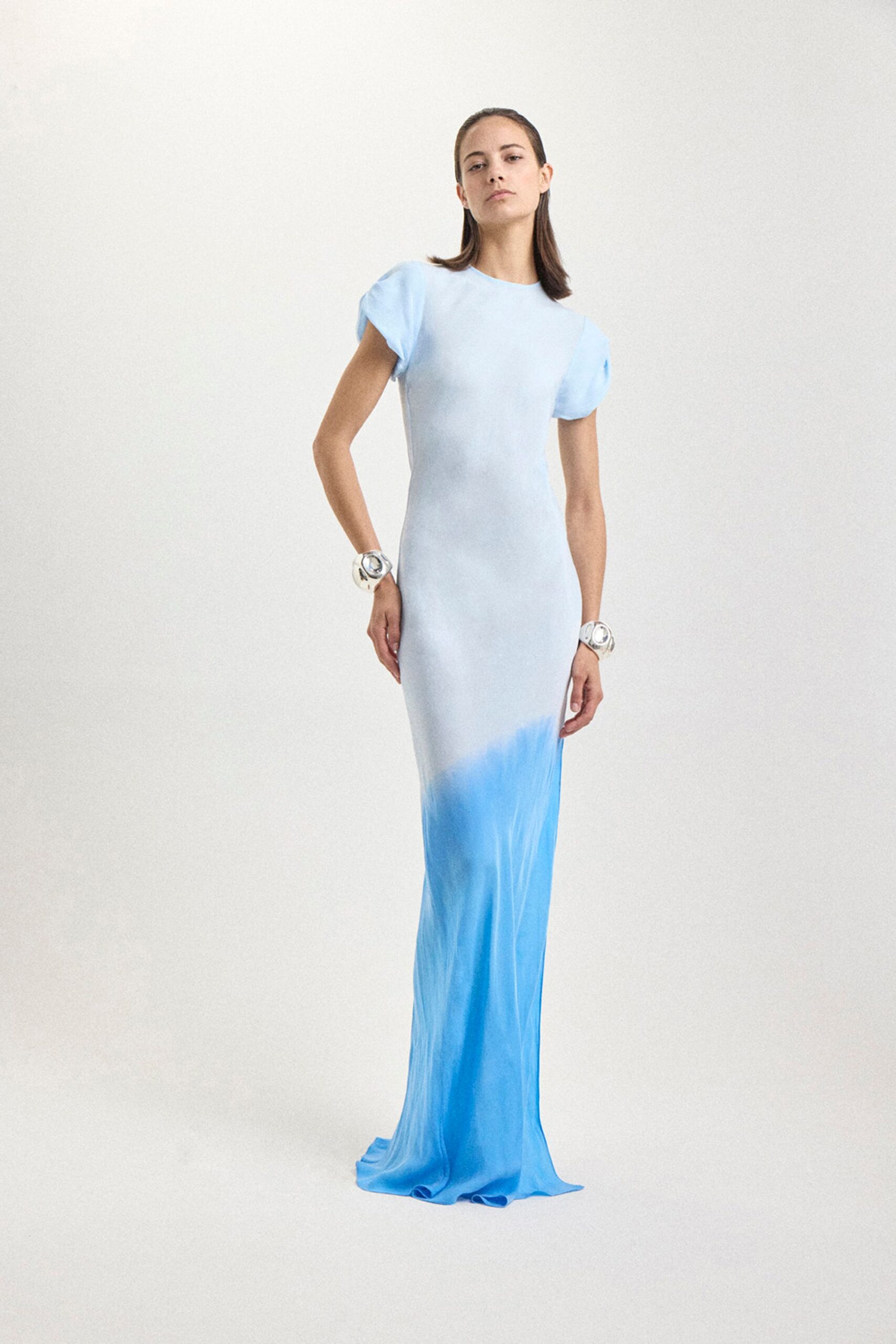 blue and white silk gown