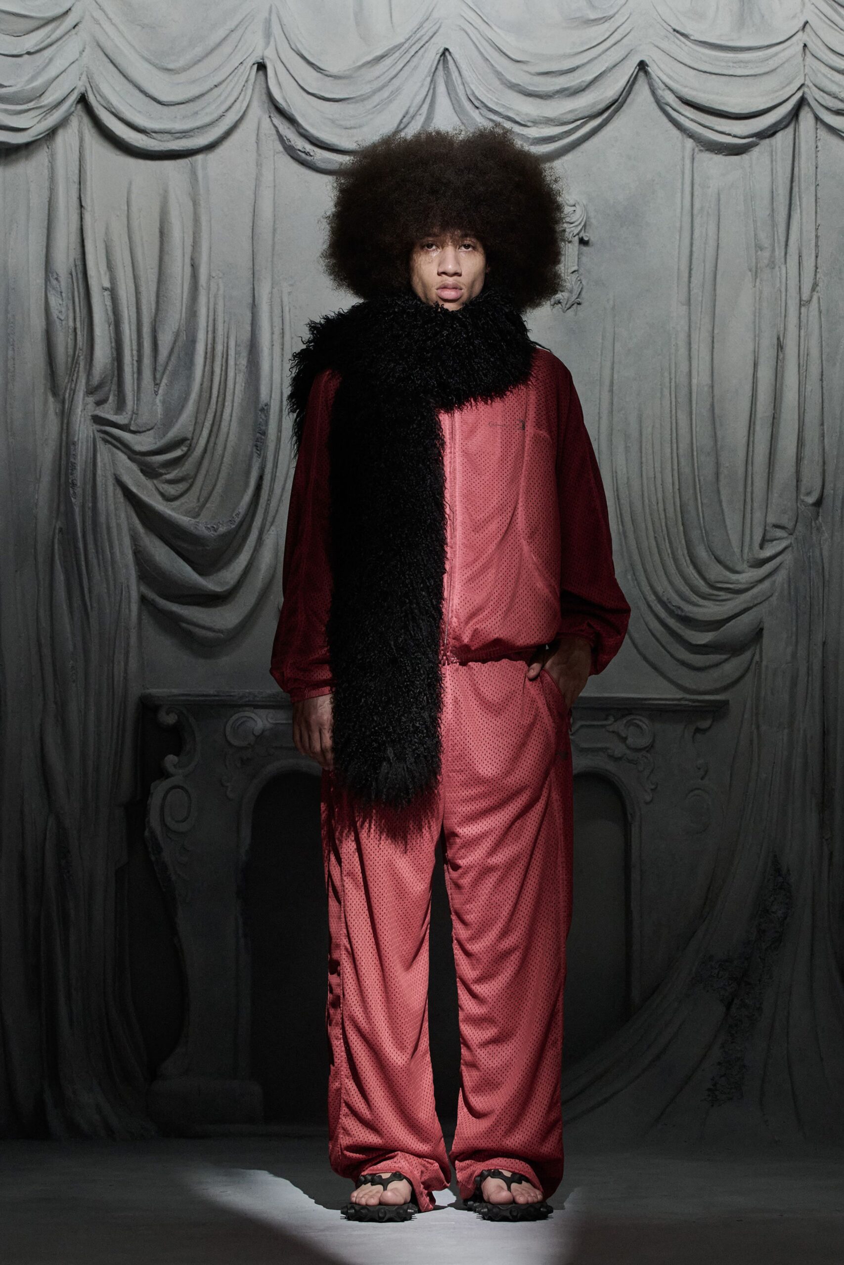 red relaxed pants and jacket