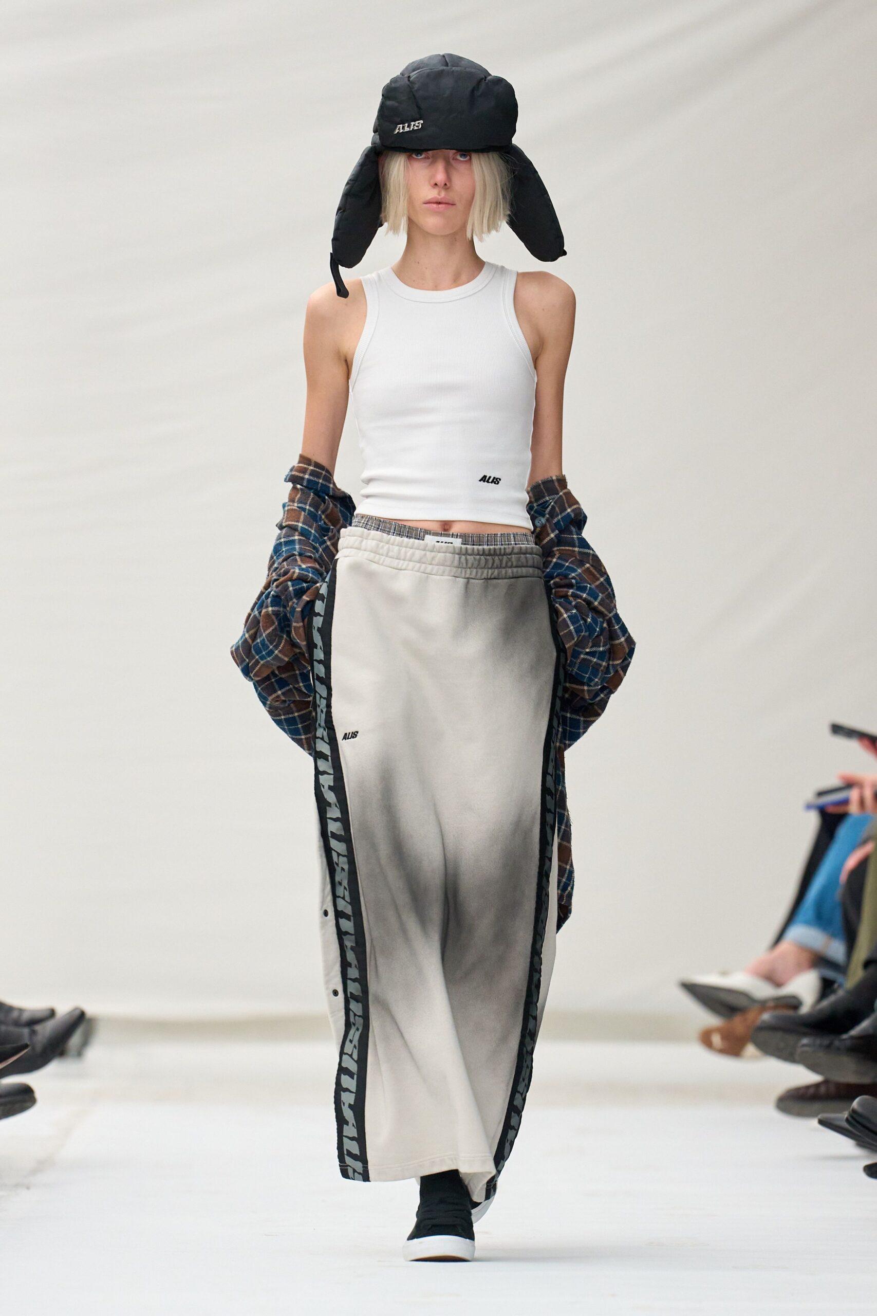 white tank-top with gray maxi skirt