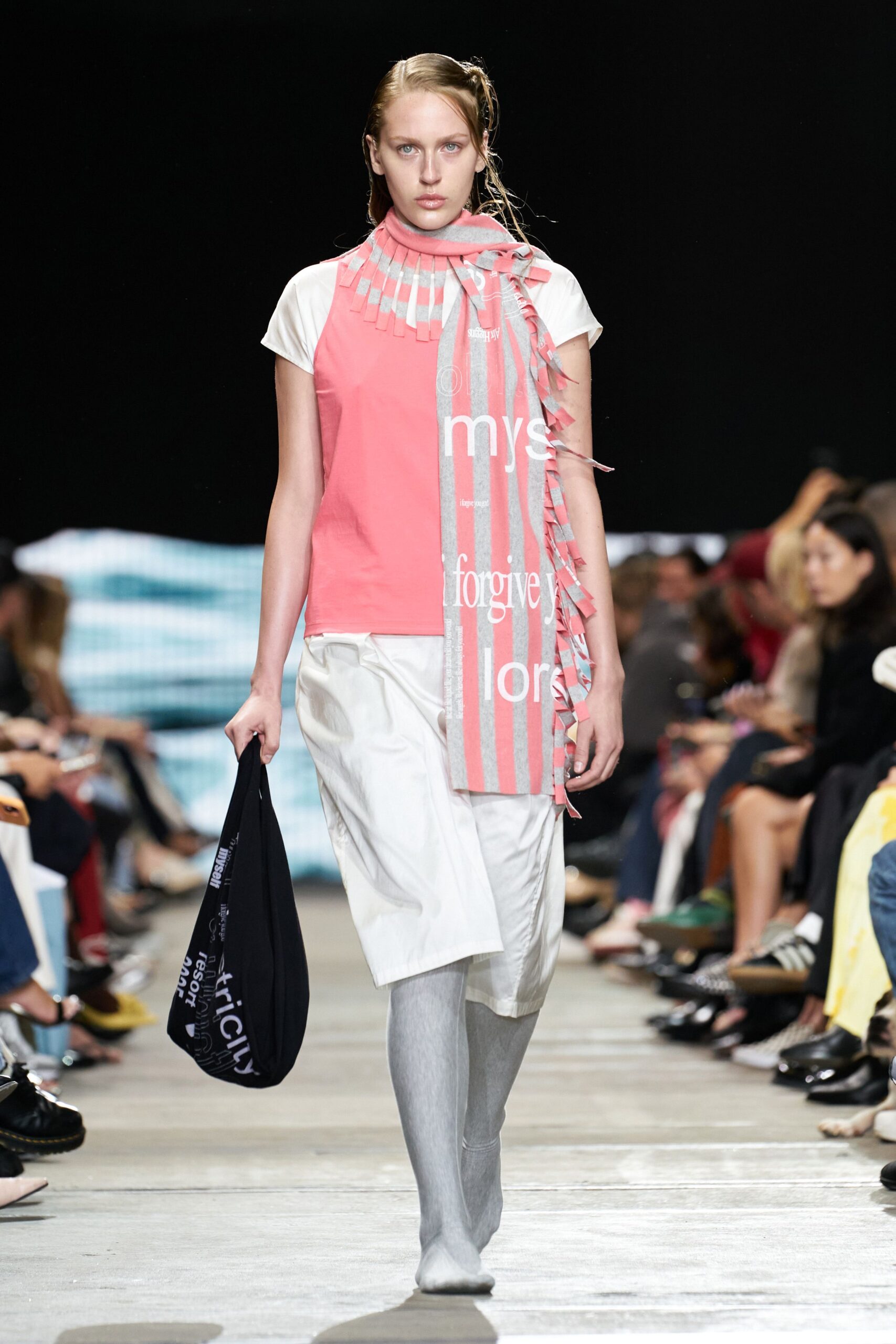 pink top with white skirt