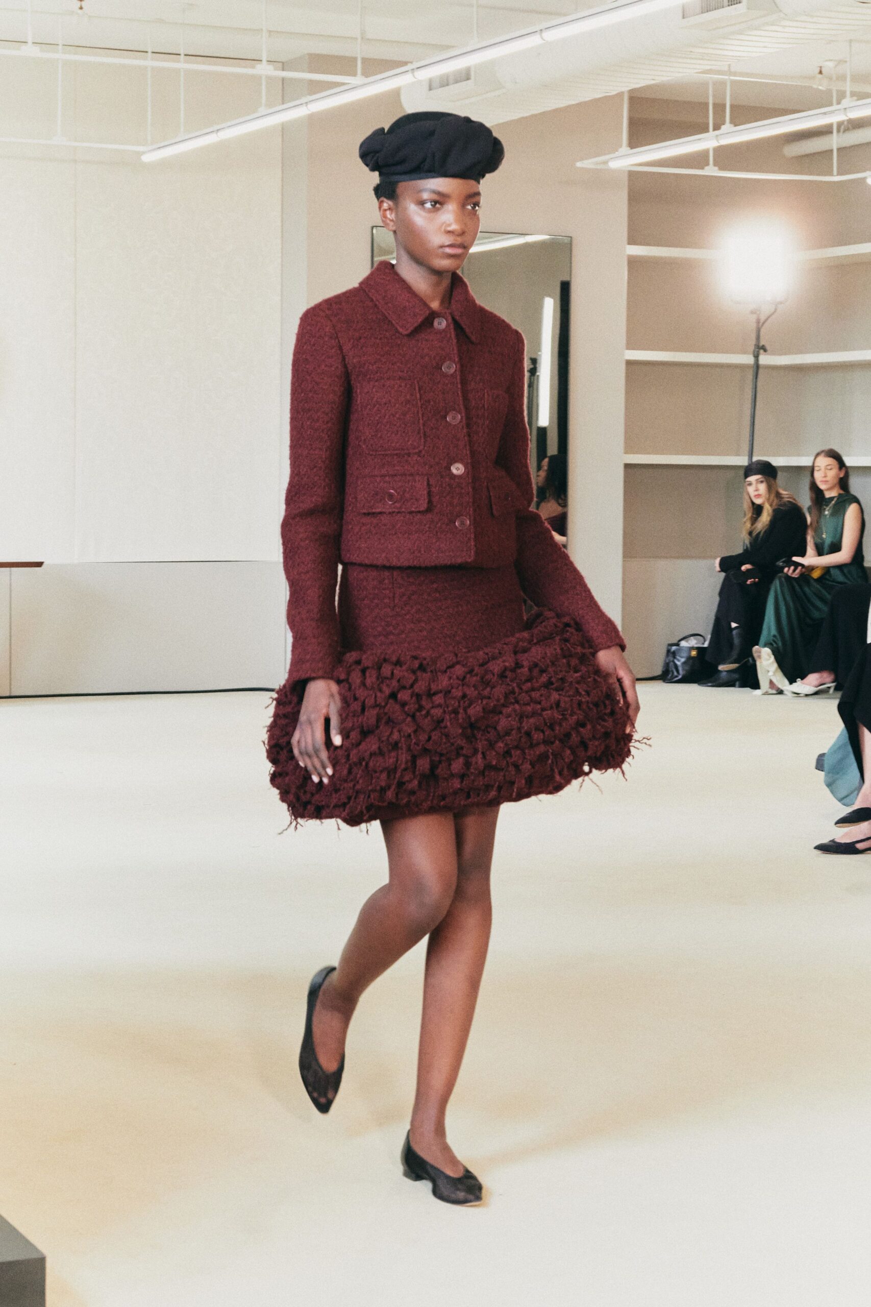 maroon tweed fitted fringed mini skirt
