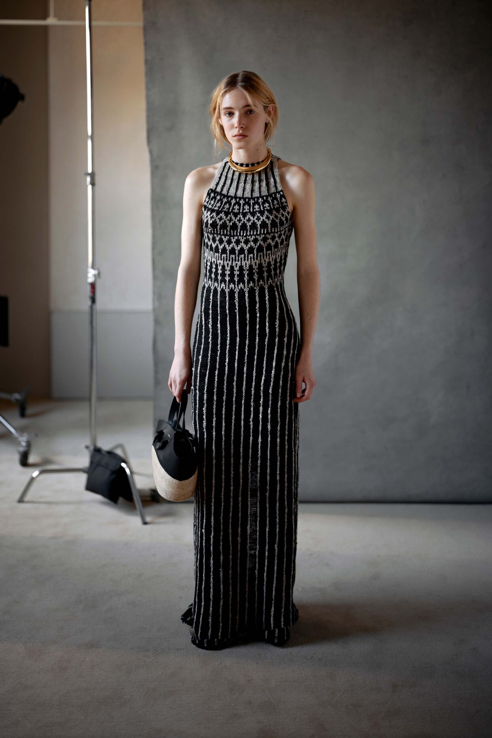 black and white striped gown