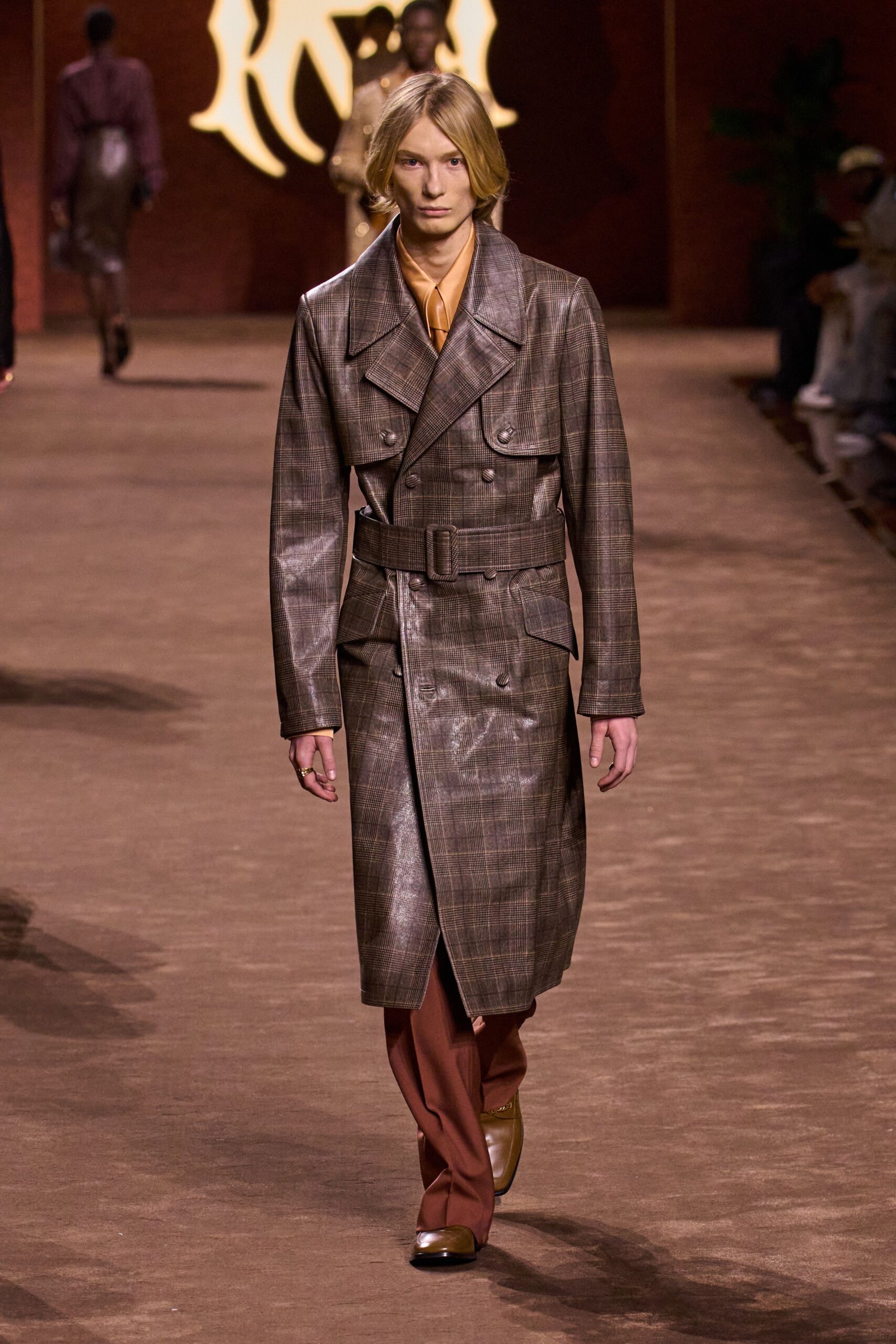 brown leather long-sleeve collared tailored checked belted coat