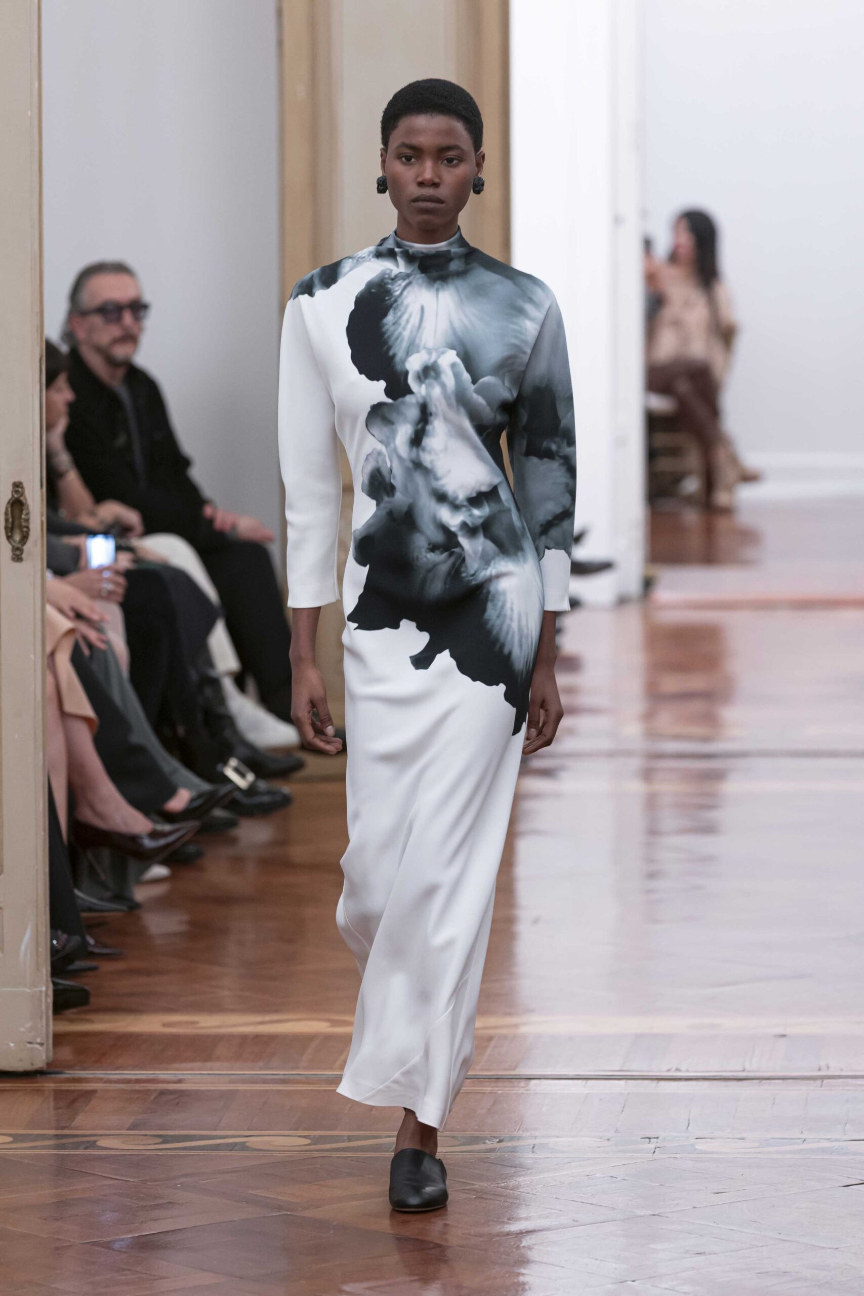 white silk long-sleeve high-neck fitted printed maxi gown