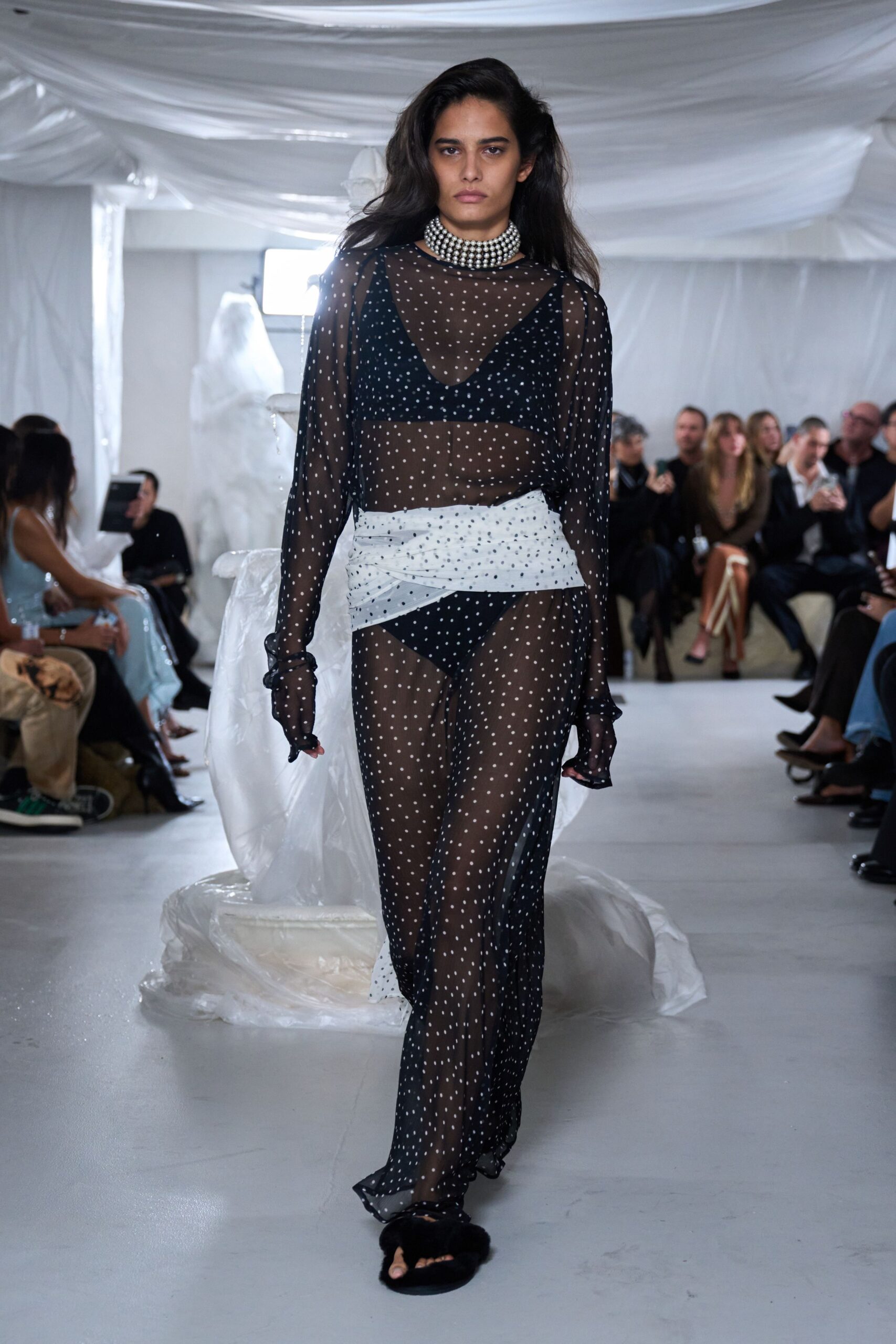 black mesh long-sleeve high-neck fitted printed sheer top