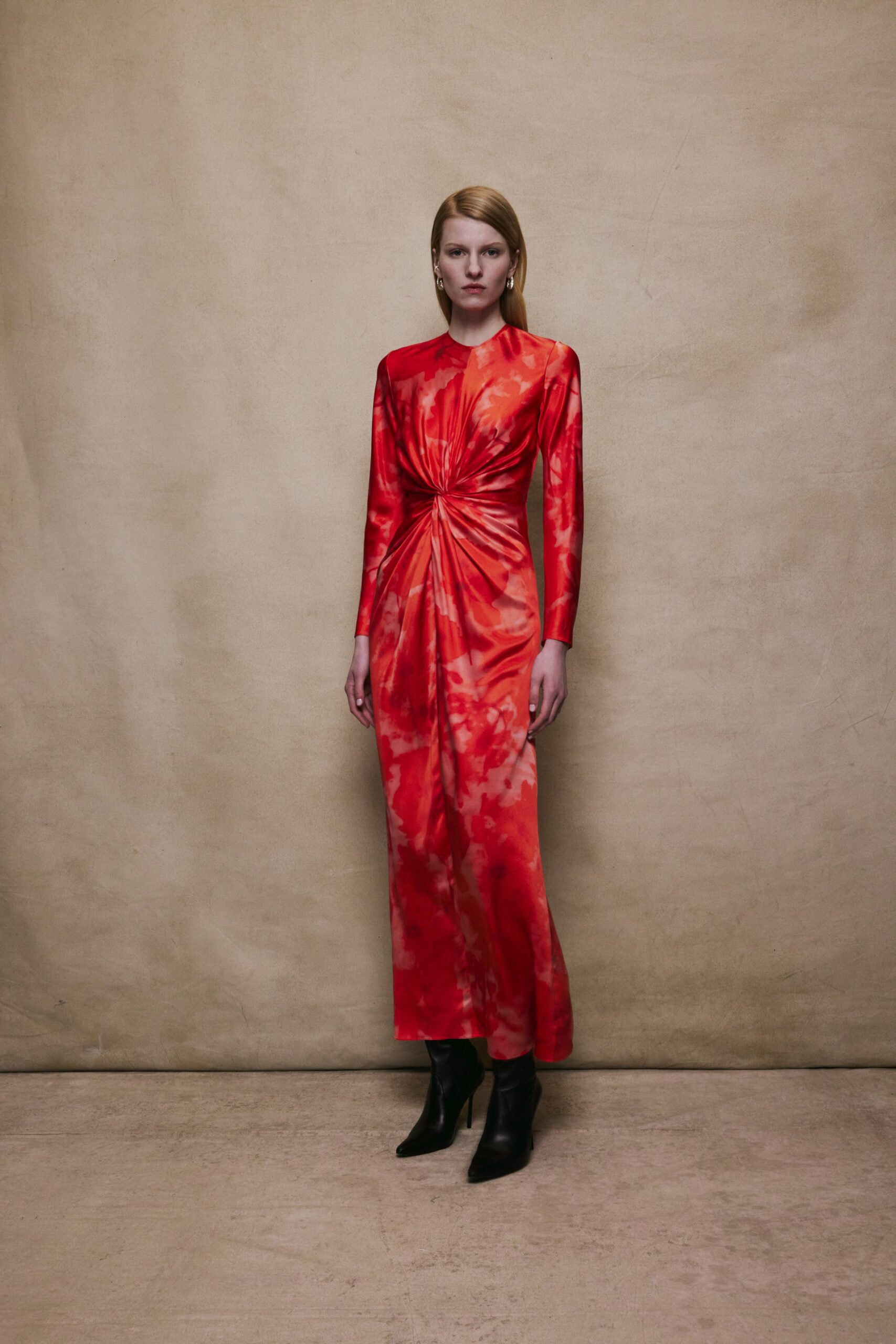 red silk fitted gown with boots